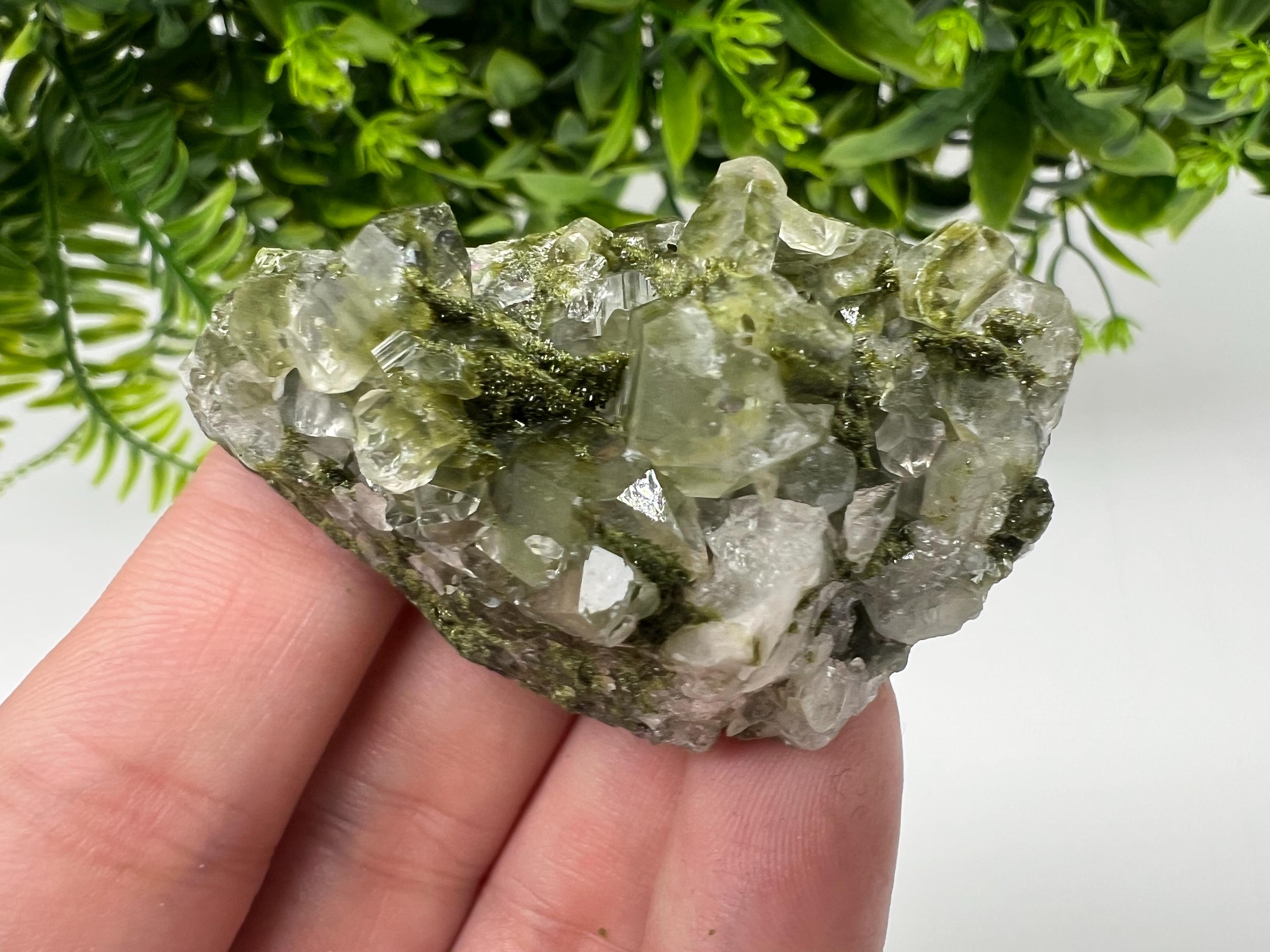 Green Epidote with Quartz Crystals: Sparkly Rainbow Stone, Turkey