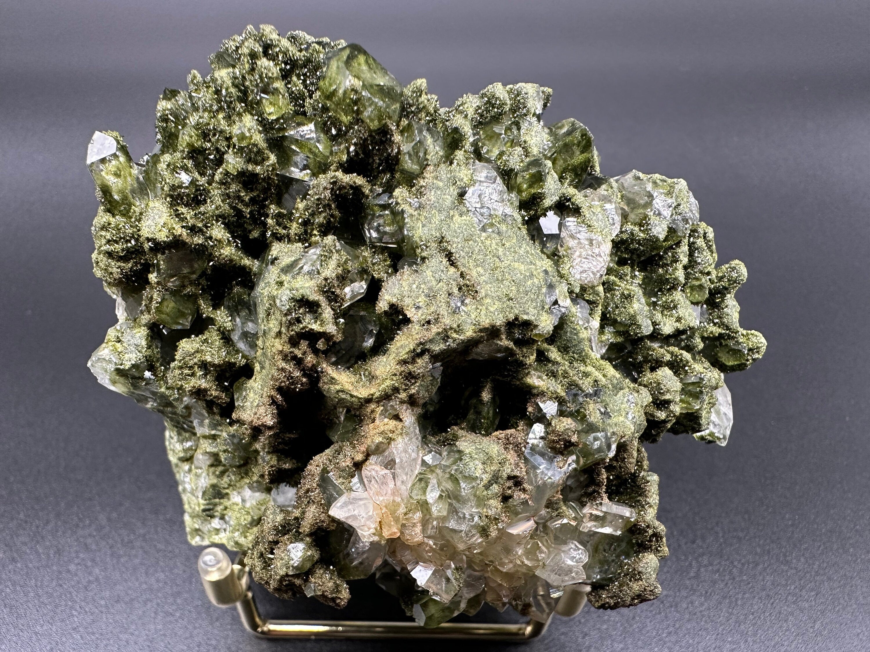 Rare Green Epidote with Quartz Crystals: Sparkly Rainbow Mineral Decor