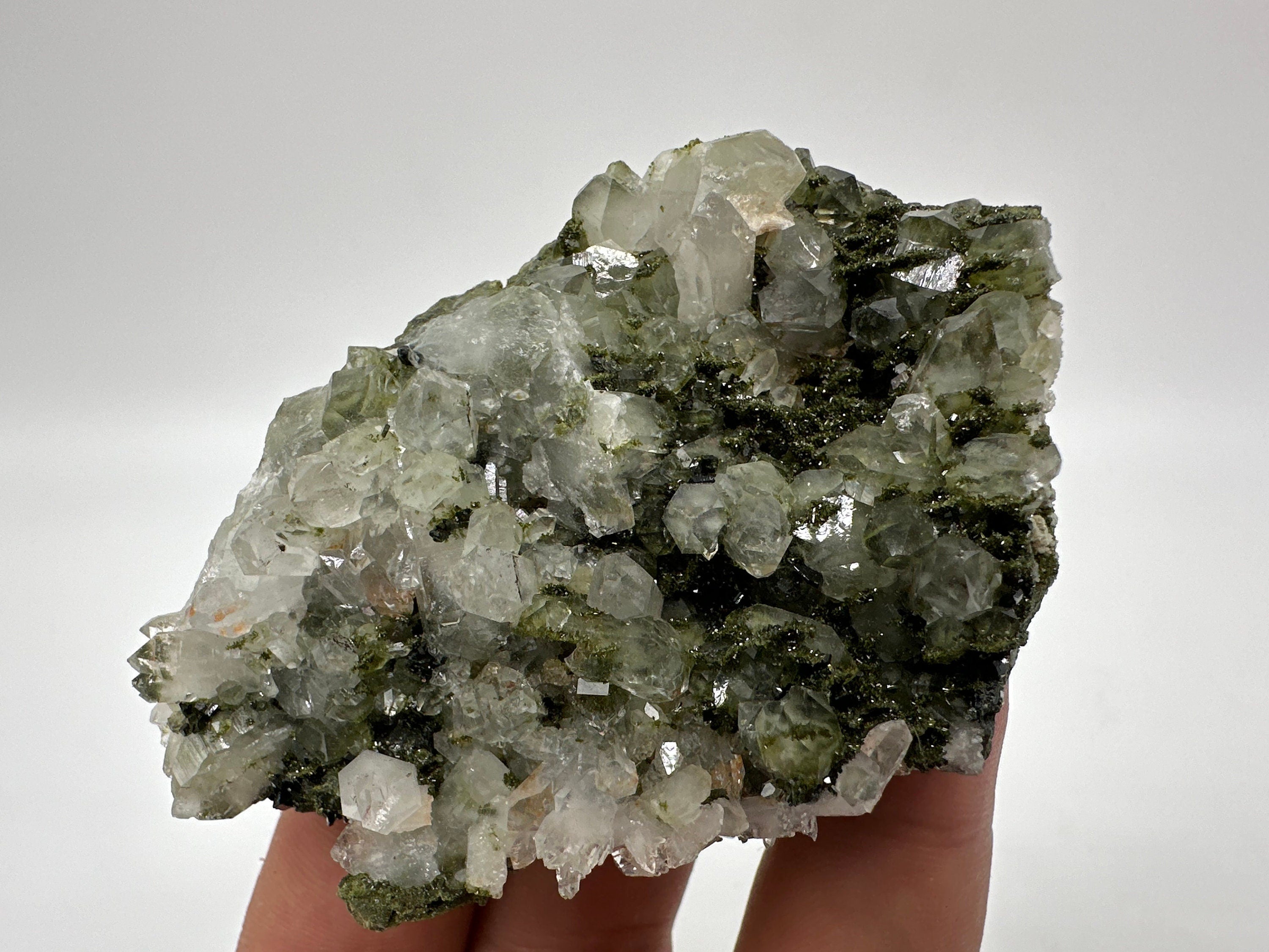 Rare Green Epidote with Quartz Crystals, Rainbow Sparkle, Turkey Mineral Specimen