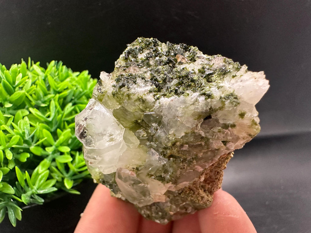 Rare Green Epidote with Quartz Crystals: Sparkly Rainbow Mineral Decor