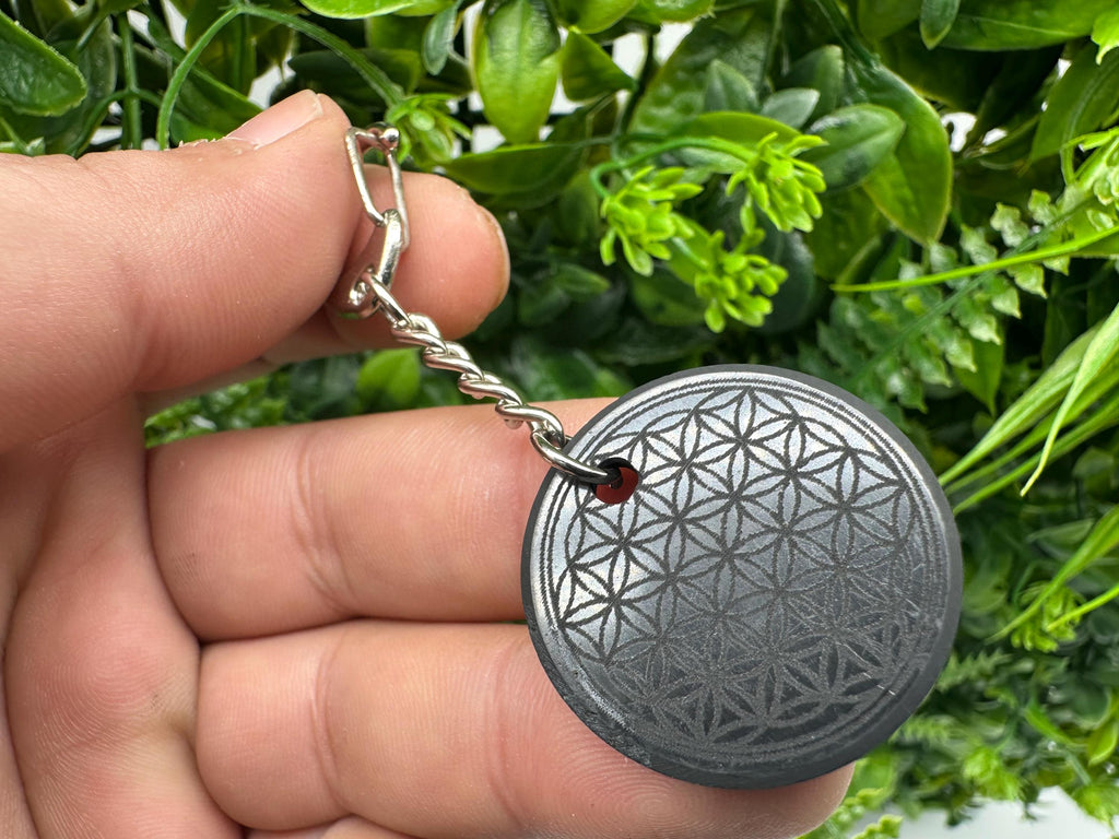 Shungite Keychain: Flower of Life Crystal Pendant, EMF Protection