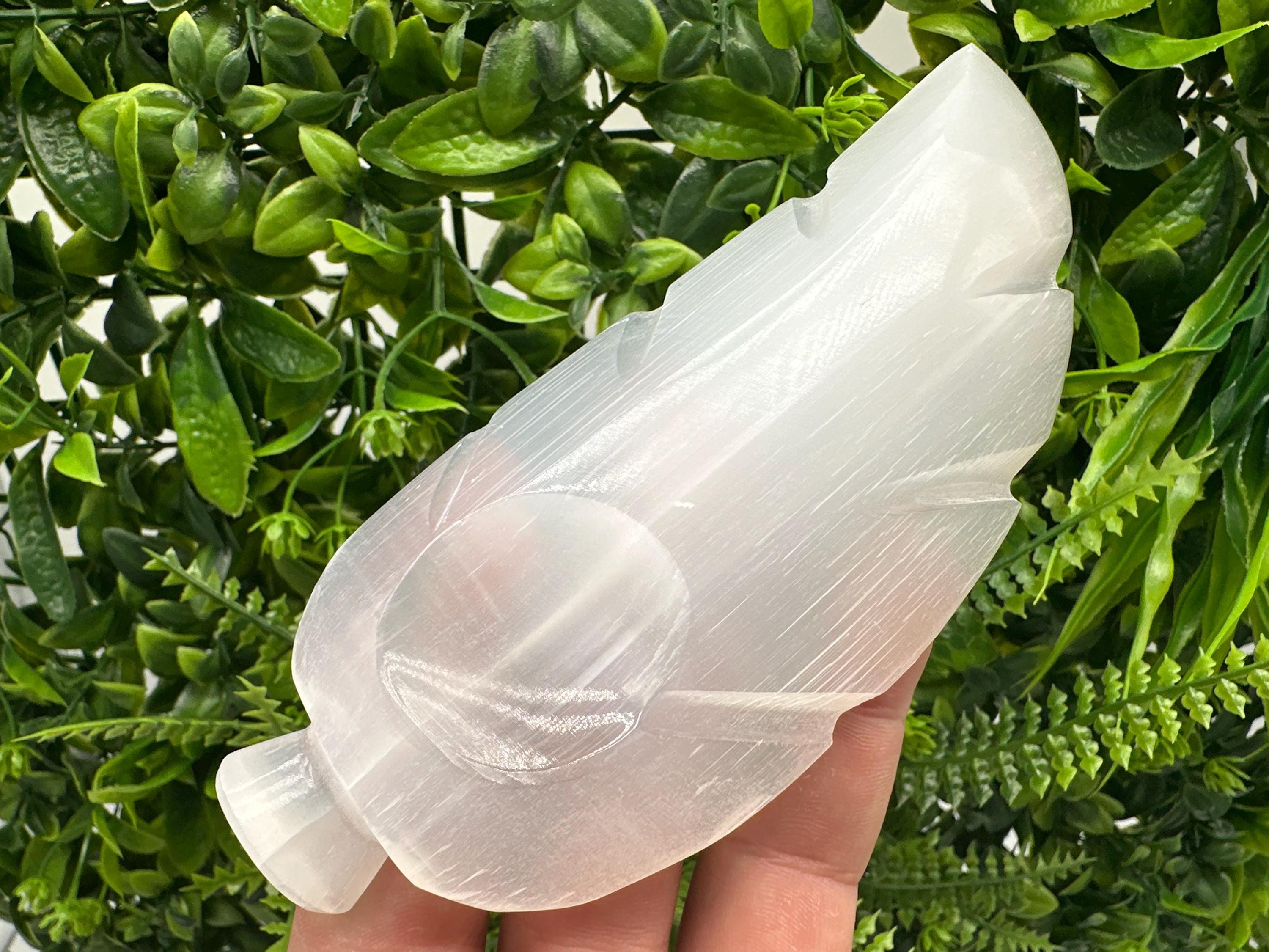 Hand Carved Selenite Leaf Jewelry Holder: Reiki Healing Crystal