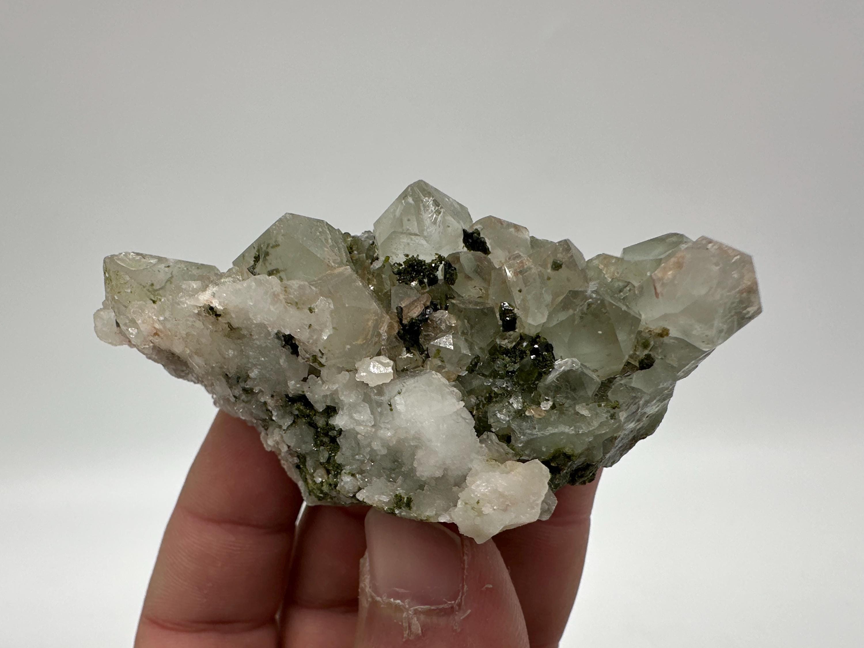 Rare Green Epidote with Quartz Crystals: Sparkly Rainbow Mineral Decor