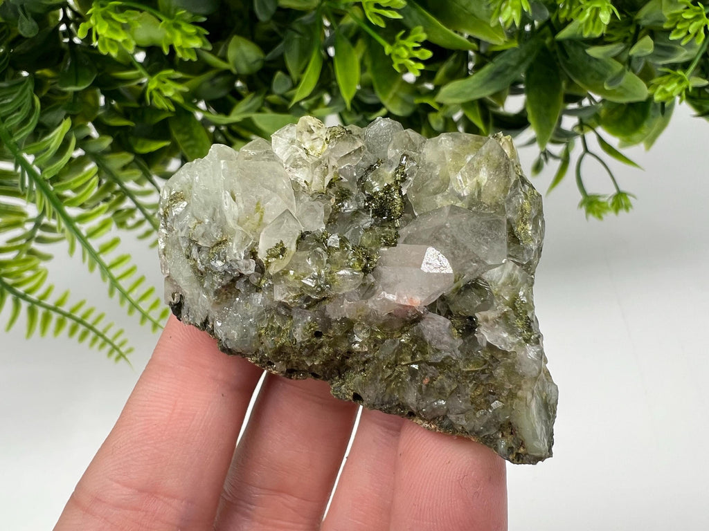 Rare Green Epidote with Quartz Crystals - Rainbow Sparkle Stone, Turkey