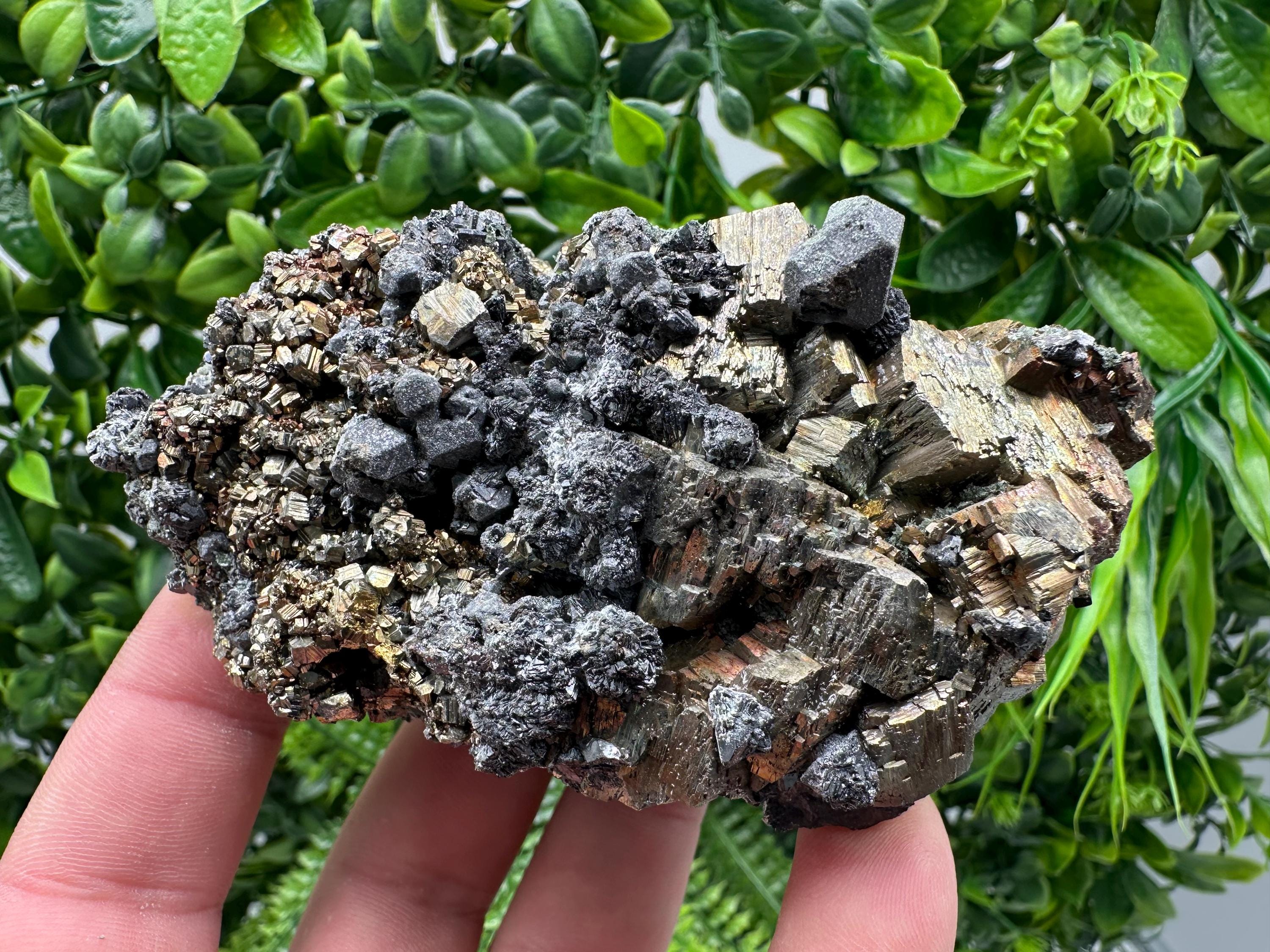 Rainbow Pyrite & Sphalerite on Quartz: Natural Crystal Home Decor