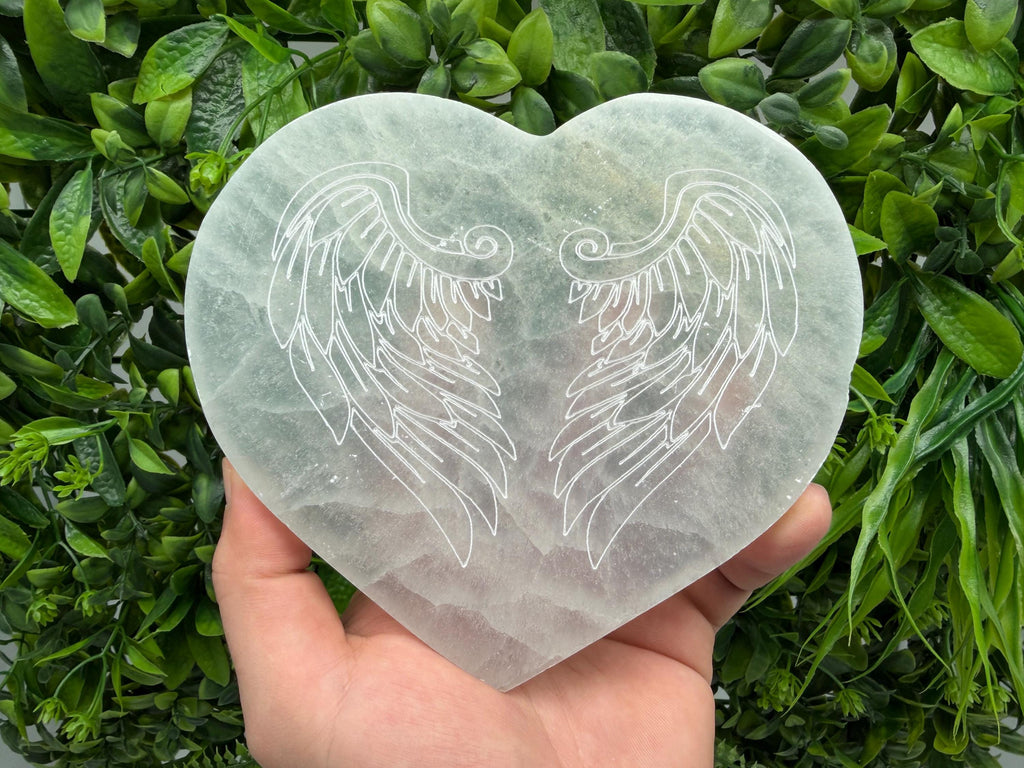 Selenite Heart with Angel Wings Selenite Charging Plate Crystal Charging Dish – Reiki Healing Crystal – Spiritual Altar Decor Angel Energy