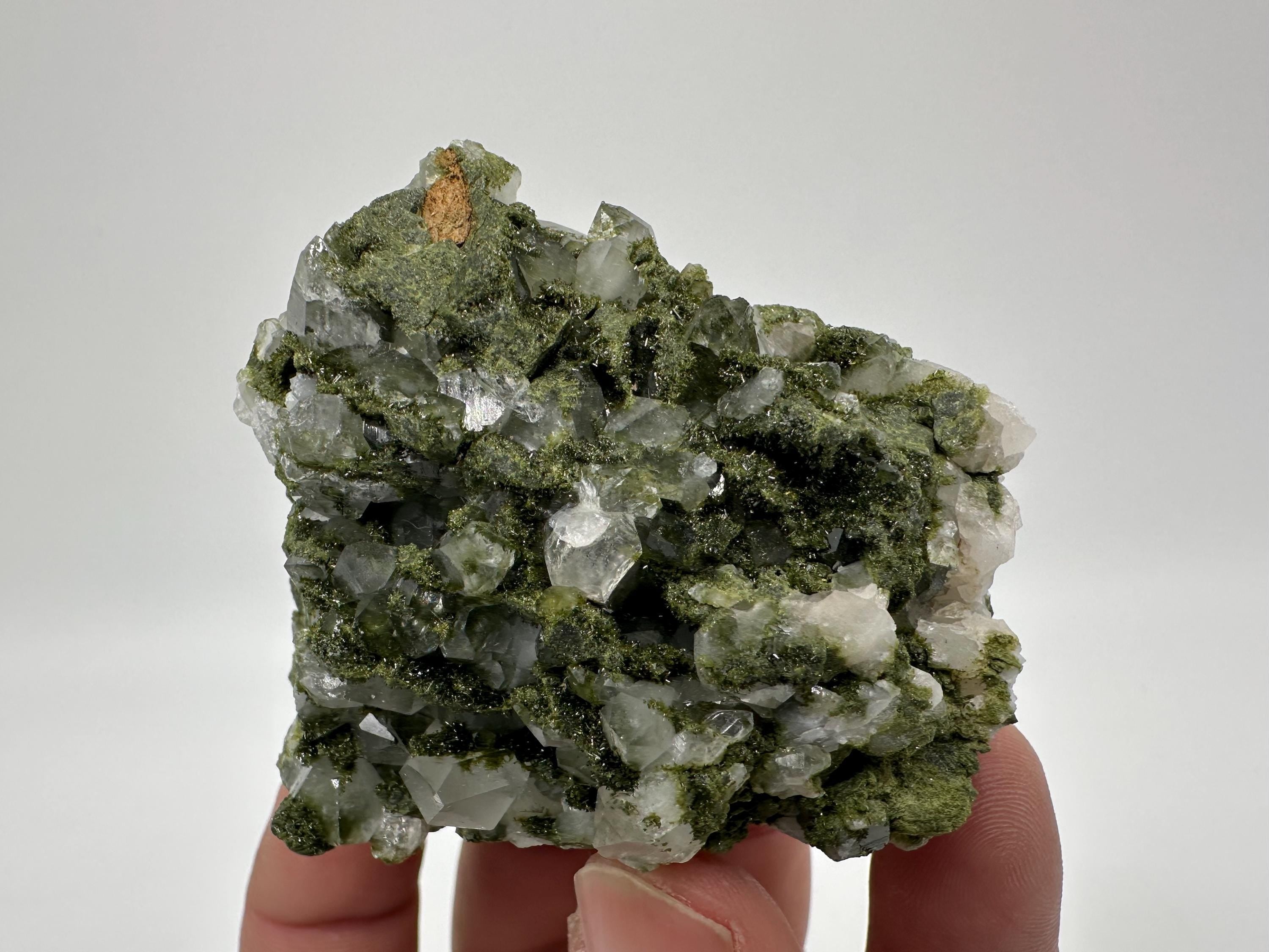 Rare Green Epidote with Quartz Crystals: Sparkly Rainbow Stone Decor