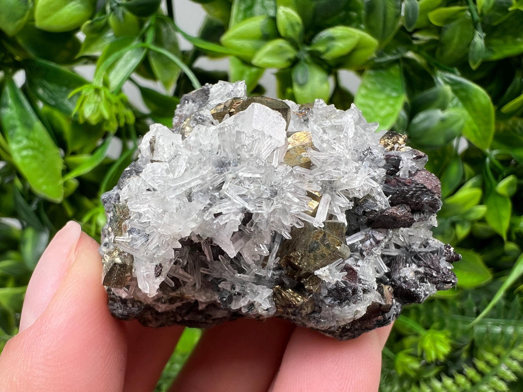 Pyrite on Quartz and Calcite Mineral Specimen, Borieva Mine Bulgaria