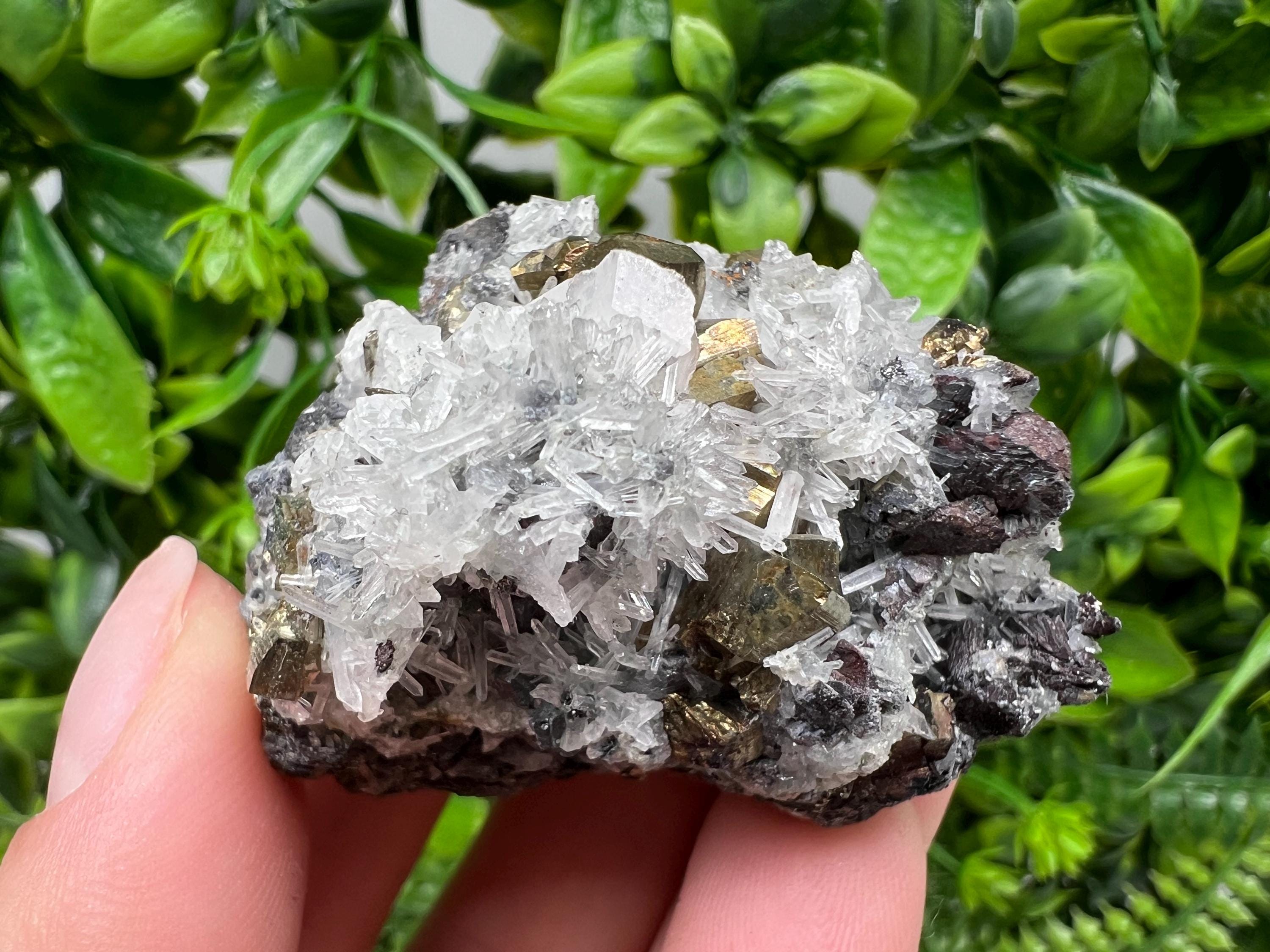 Pyrite on Quartz and Calcite Mineral Specimen, Borieva Mine Bulgaria