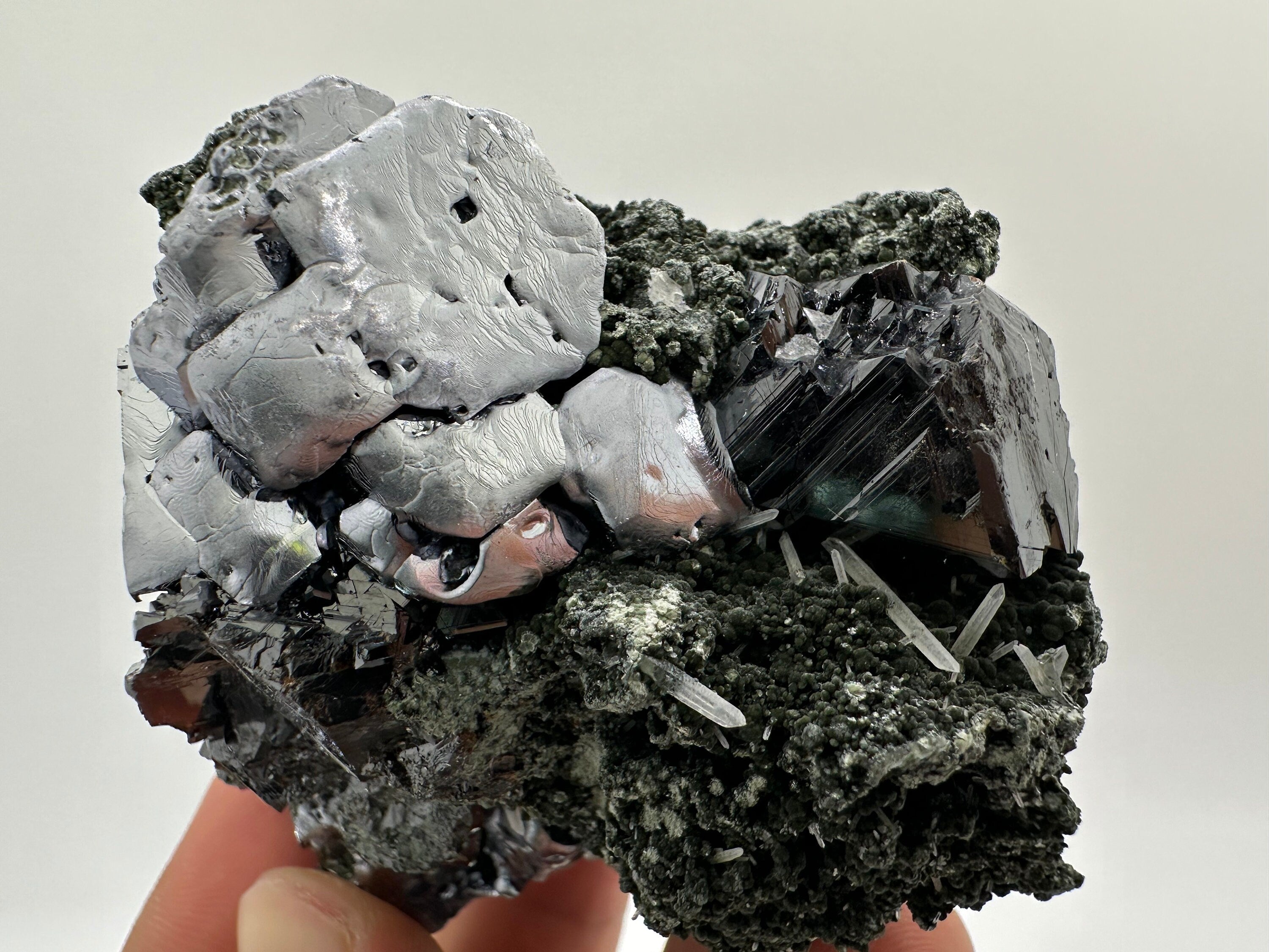 Galena, Calcite, Sphalerite on Quartz with Chlorite: Collection Mineral Decor