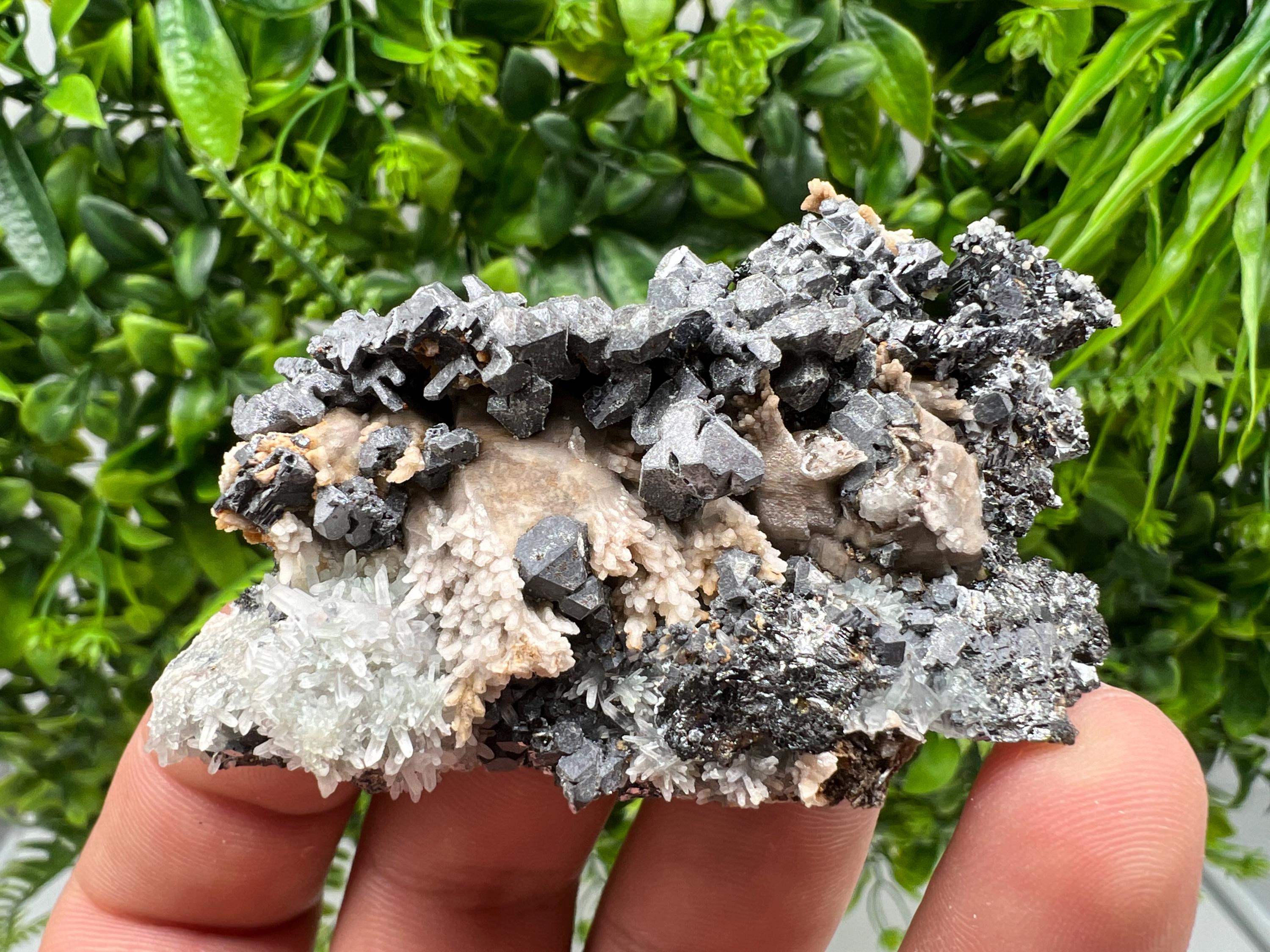 Natural Galena Cluster with Siderite and Quartz, Bulgaria Mineral Specimen