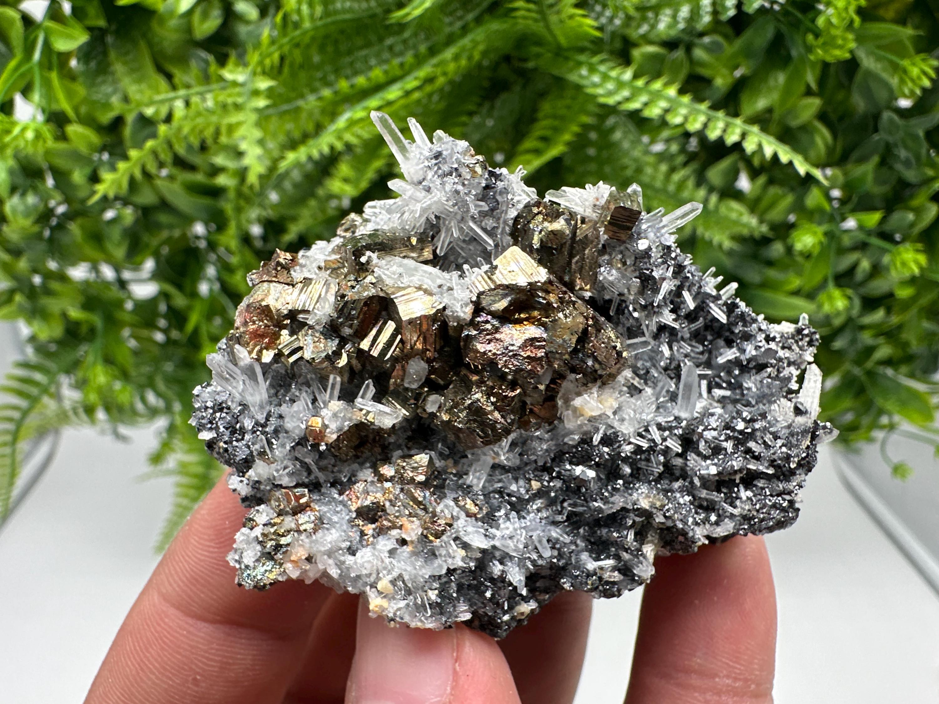 Rainbow Pyrite Sphalerite on Quartz: Natural Crystal Home Decor