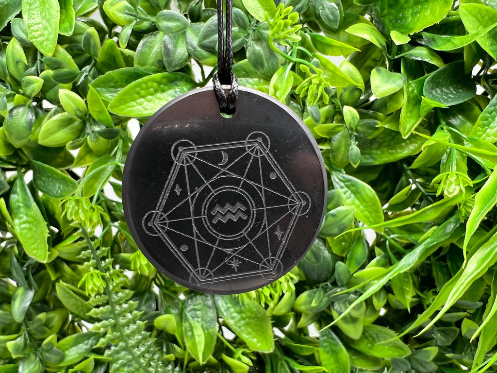 Shungite Aquarius Zodiac Pendant Necklace: EMF Protection Healing Stone