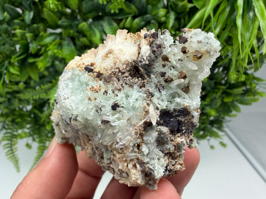 Calcite Chalcopyrite on Green Quartz Mineral Specimen, Bulgaria Collection, Natural Display