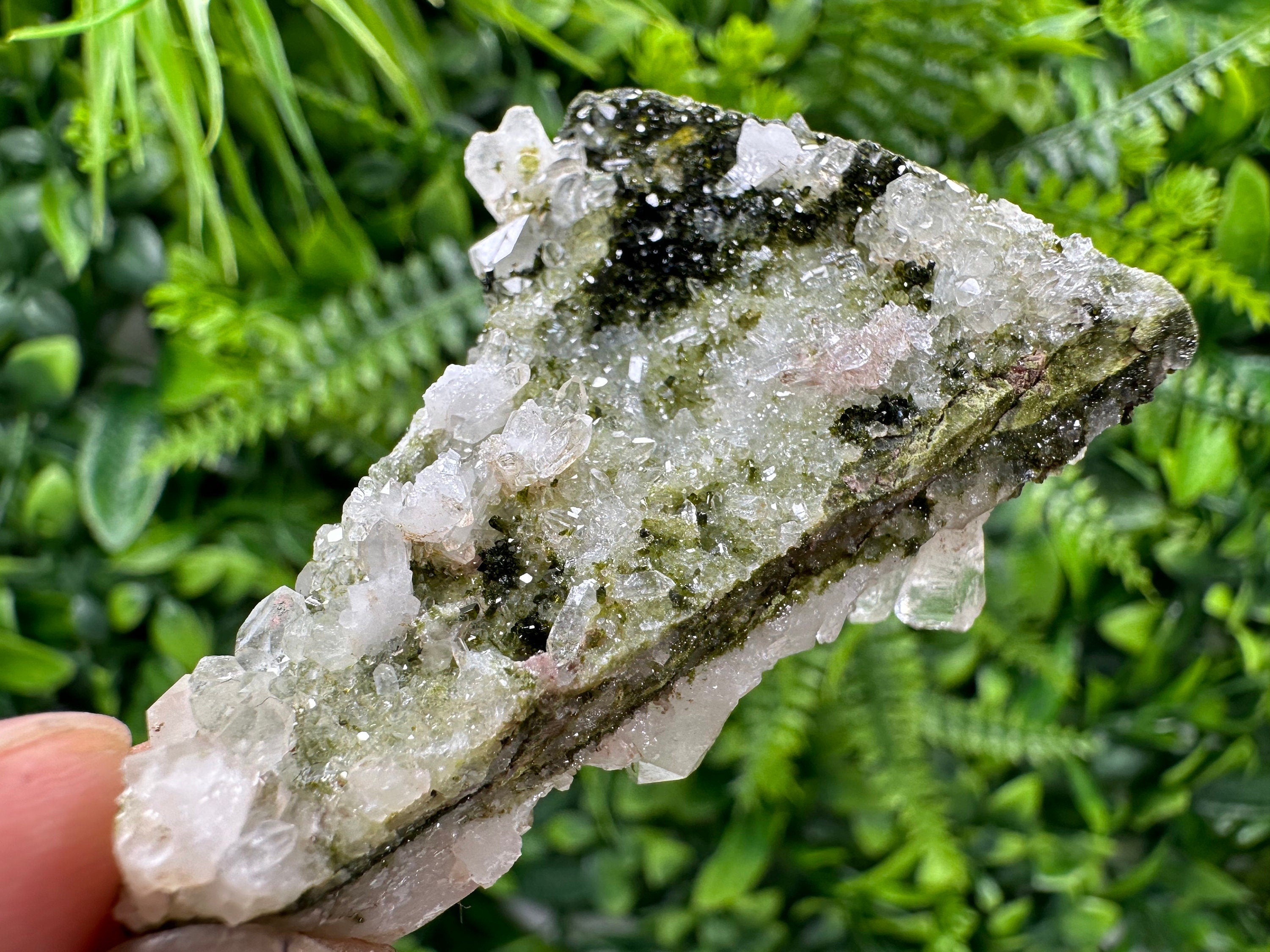 Rare Green Epidote with Quartz Crystals: Sparkly Rainbow Stone Decor