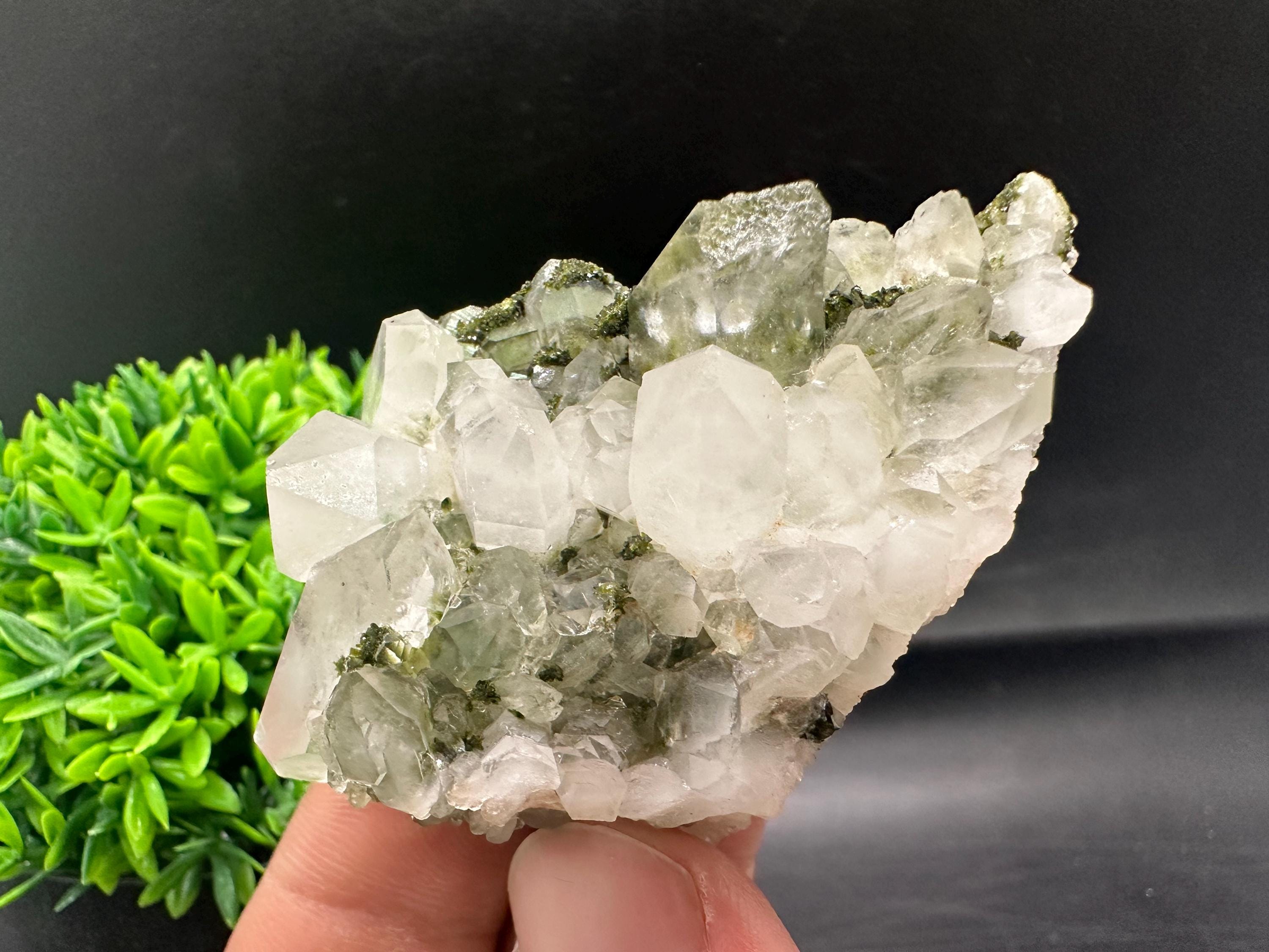Rare Green Epidote with Quartz Crystals: Sparkly Rainbow Stone Decor