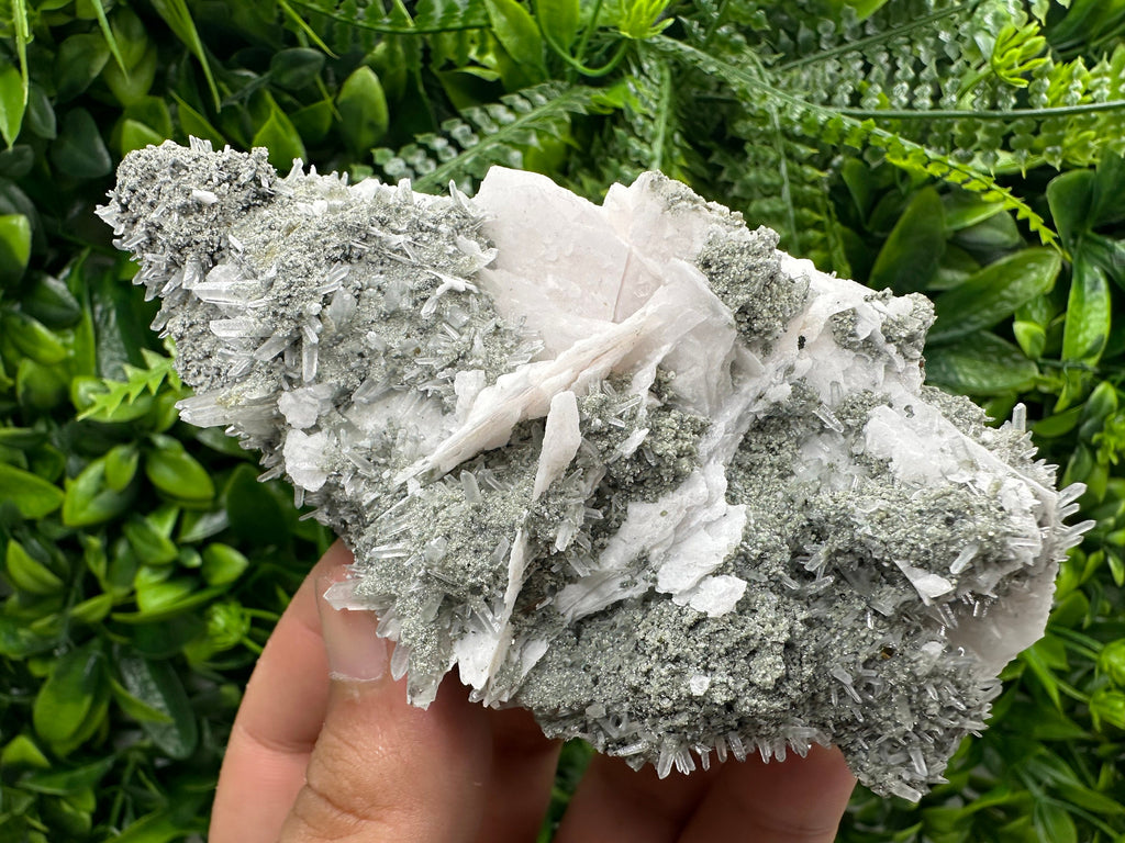 Calcite on Green Quartz: Borieva Mine Crystal Decor