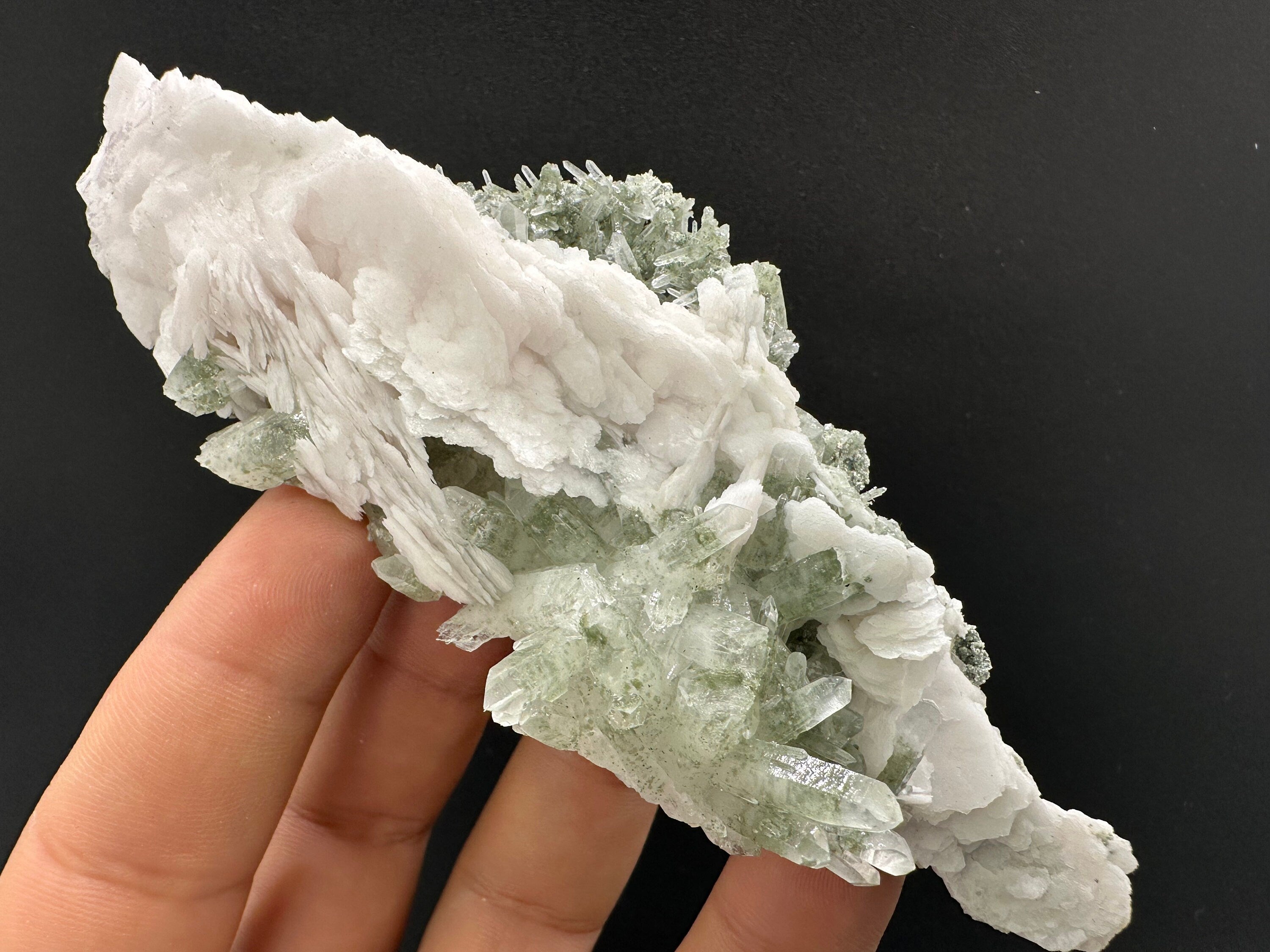 Calcite on Green Quartz: Borieva Mine Crystal Decor