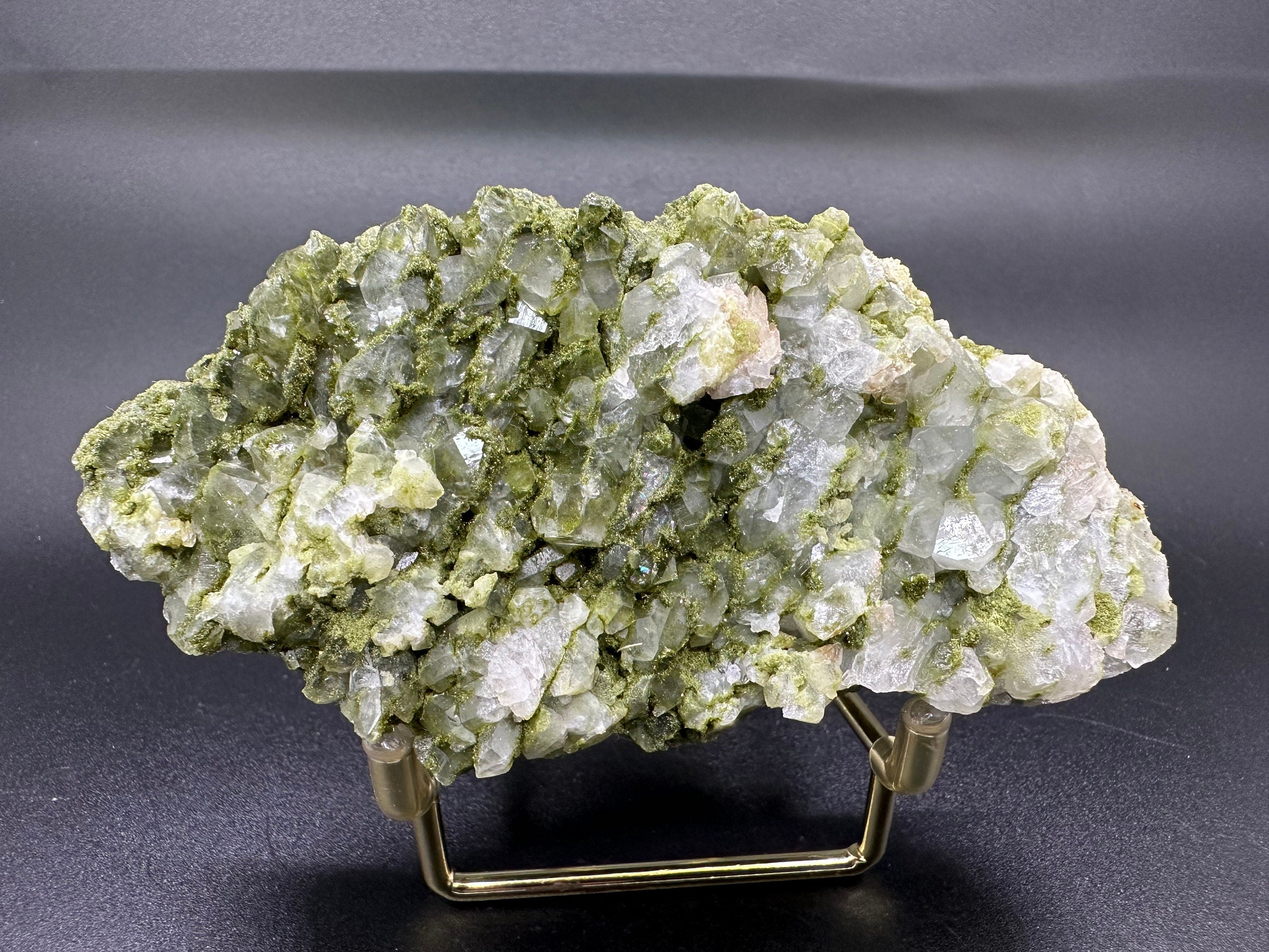 Rare Green Epidote with Quartz Crystals: Sparkly Rainbow Mineral Decor