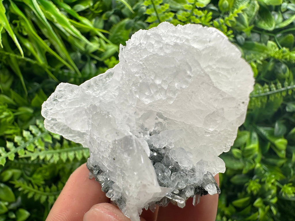 Calcite on Green Quartz: Djurcovo Mine, Bulgaria