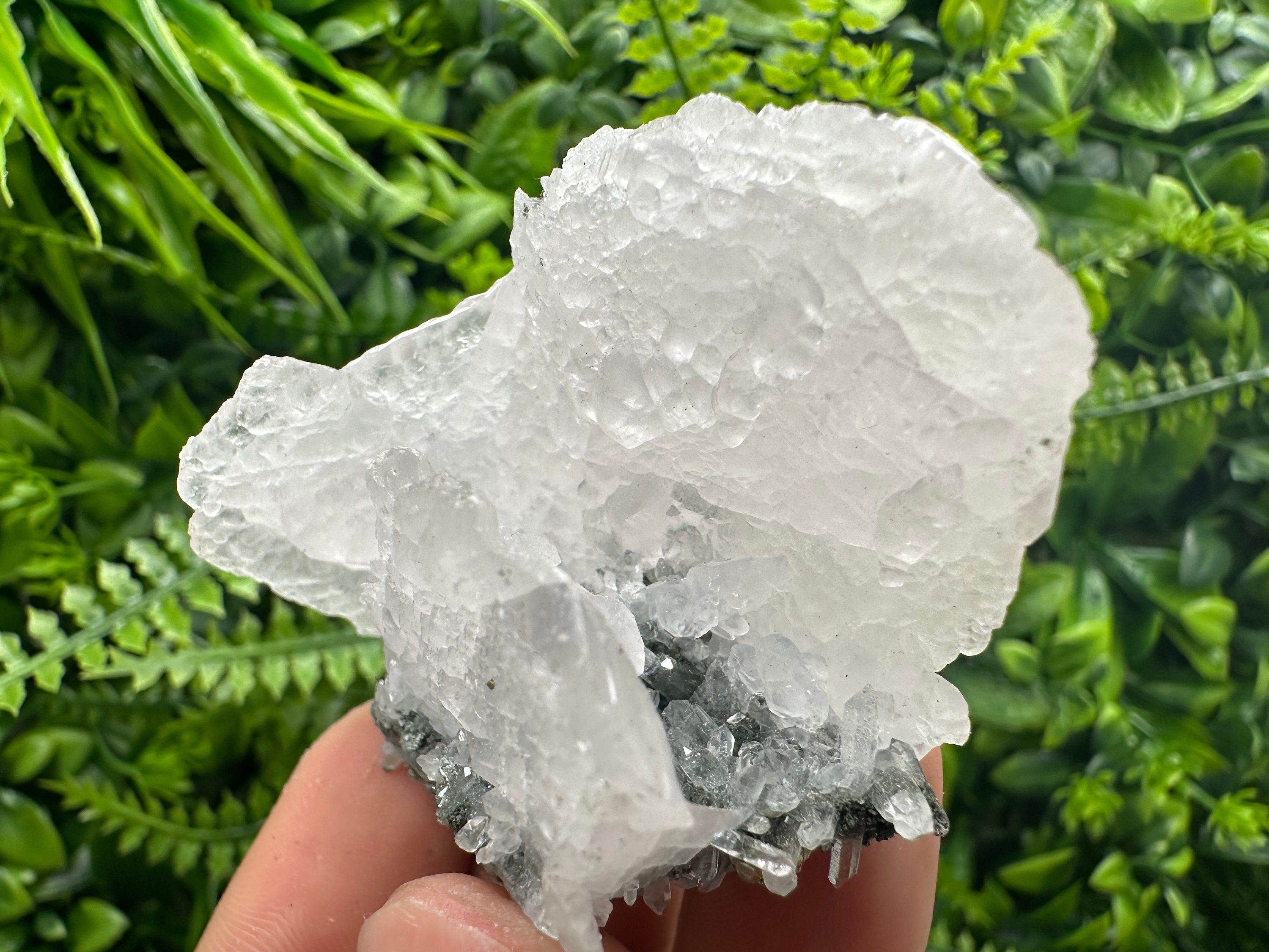 Calcite on Green Quartz: Djurcovo Mine, Bulgaria
