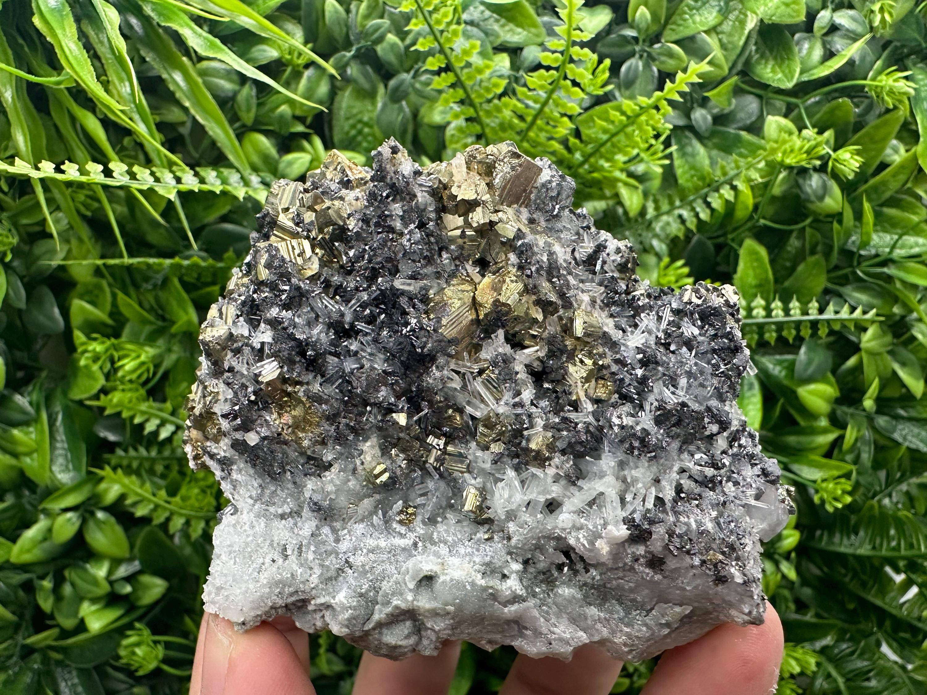 Rainbow Pyrite Cluster on Sphalerite Quartz, Borieva Mine Bulgaria
