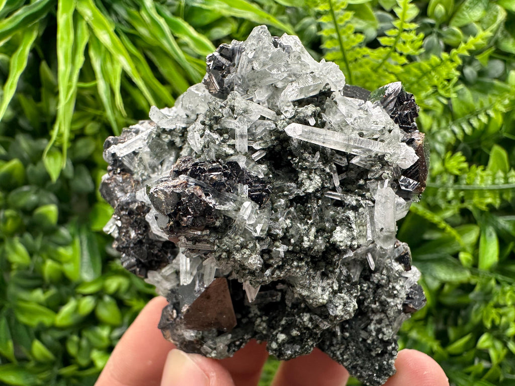 Black Sphalerite with Quartz Cluster, Natural Mineral Specimen