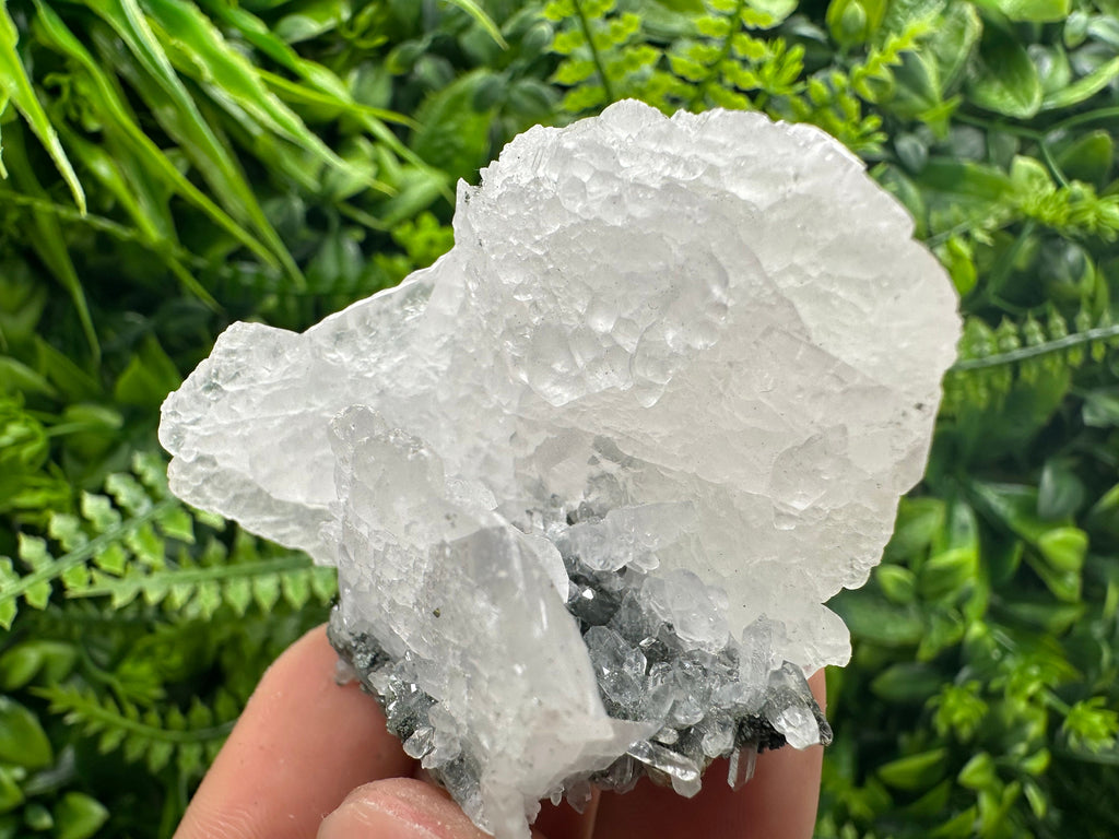 Calcite on Green Quartz: Djurcovo Mine, Bulgaria