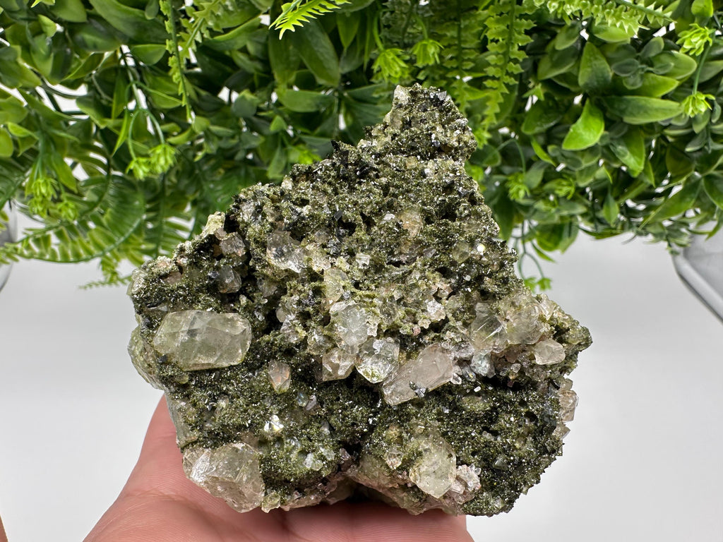 Green Epidote with Quartz Crystals: Sparkly Rainbow Mineral Decor