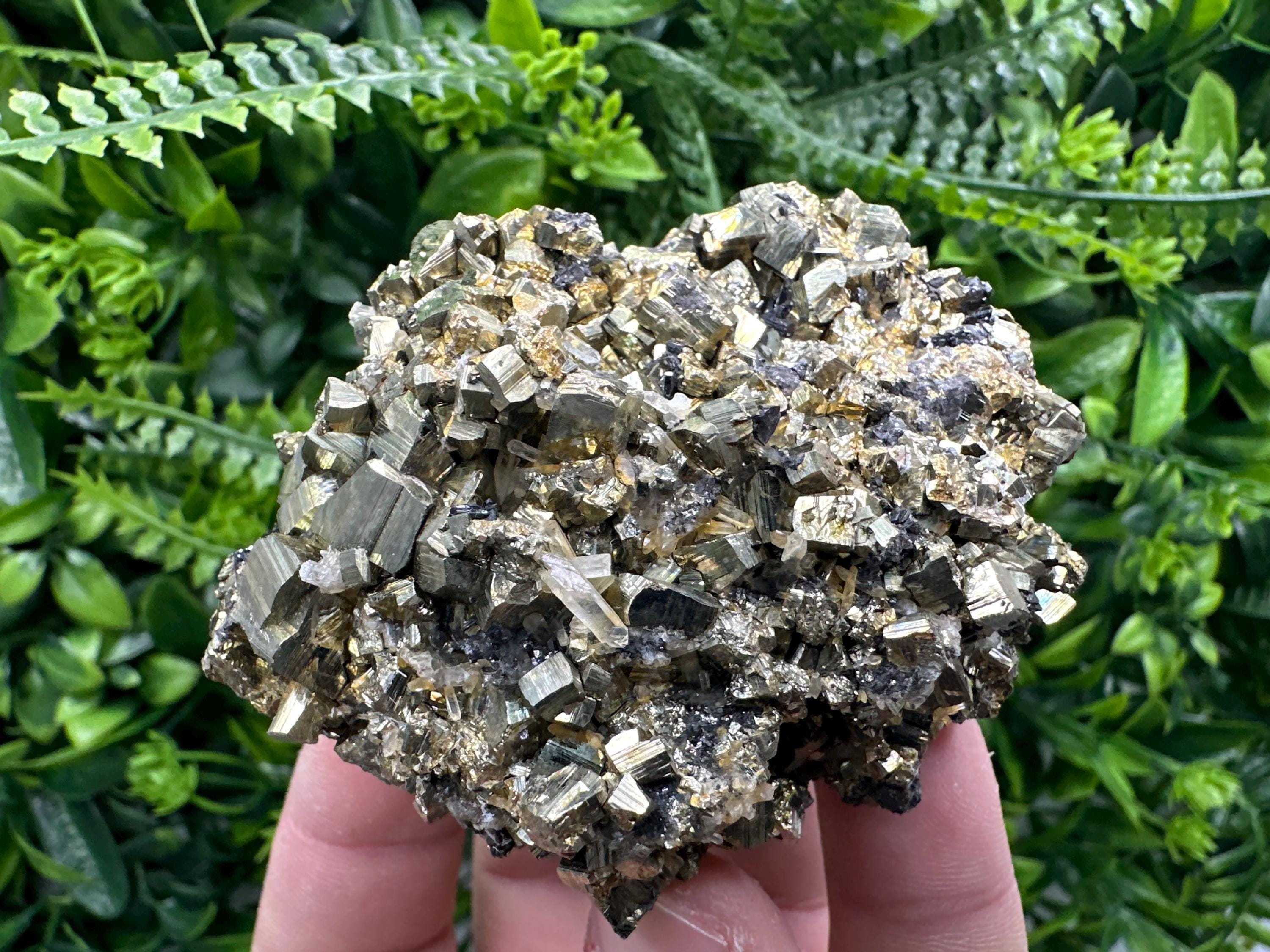 Rainbow Pyrite Cluster on Sphalerite Quartz, Borieva Mine Mineral Specimen