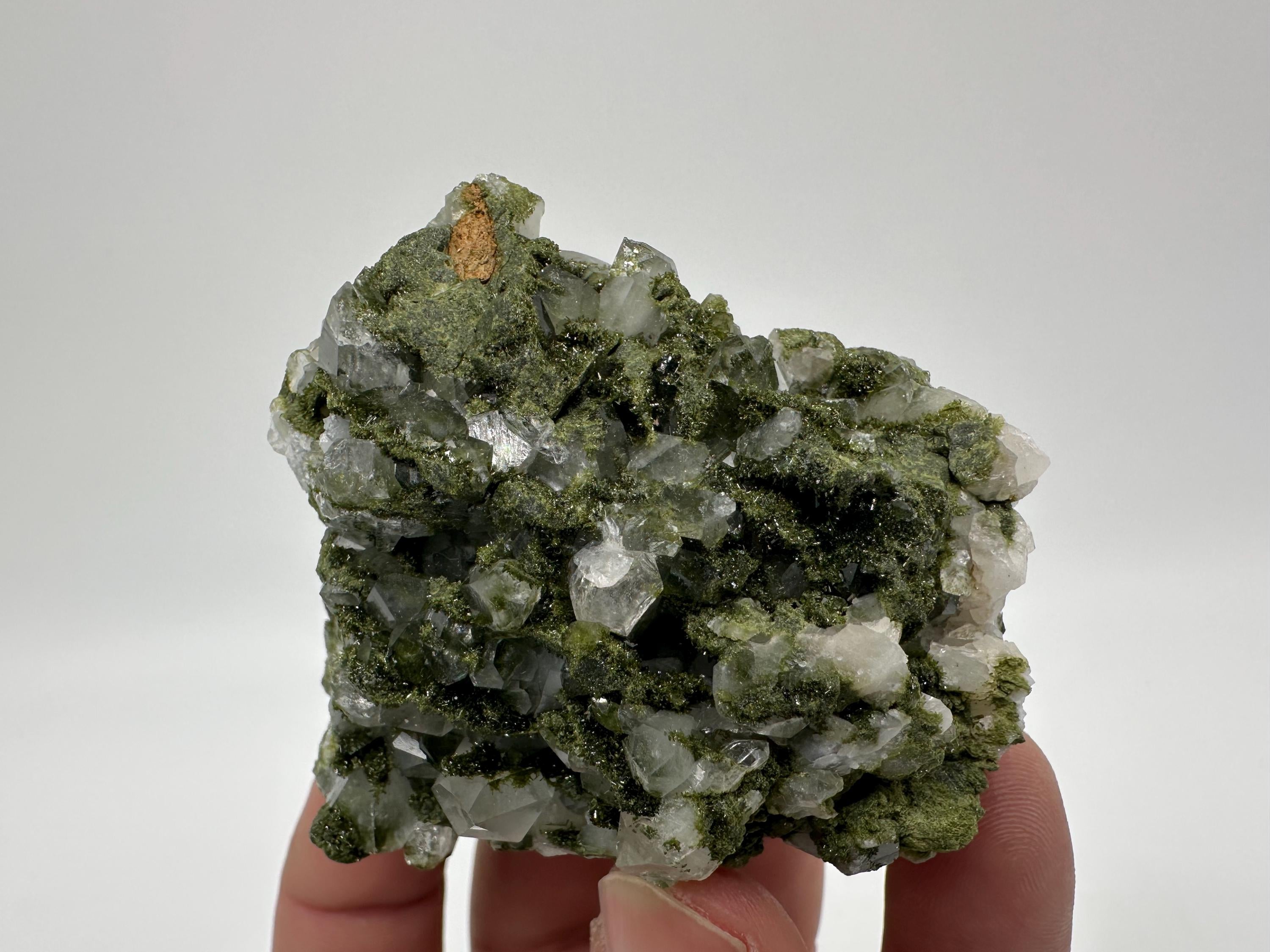Rare Green Epidote with Quartz Crystals: Sparkly Rainbow Stone Decor