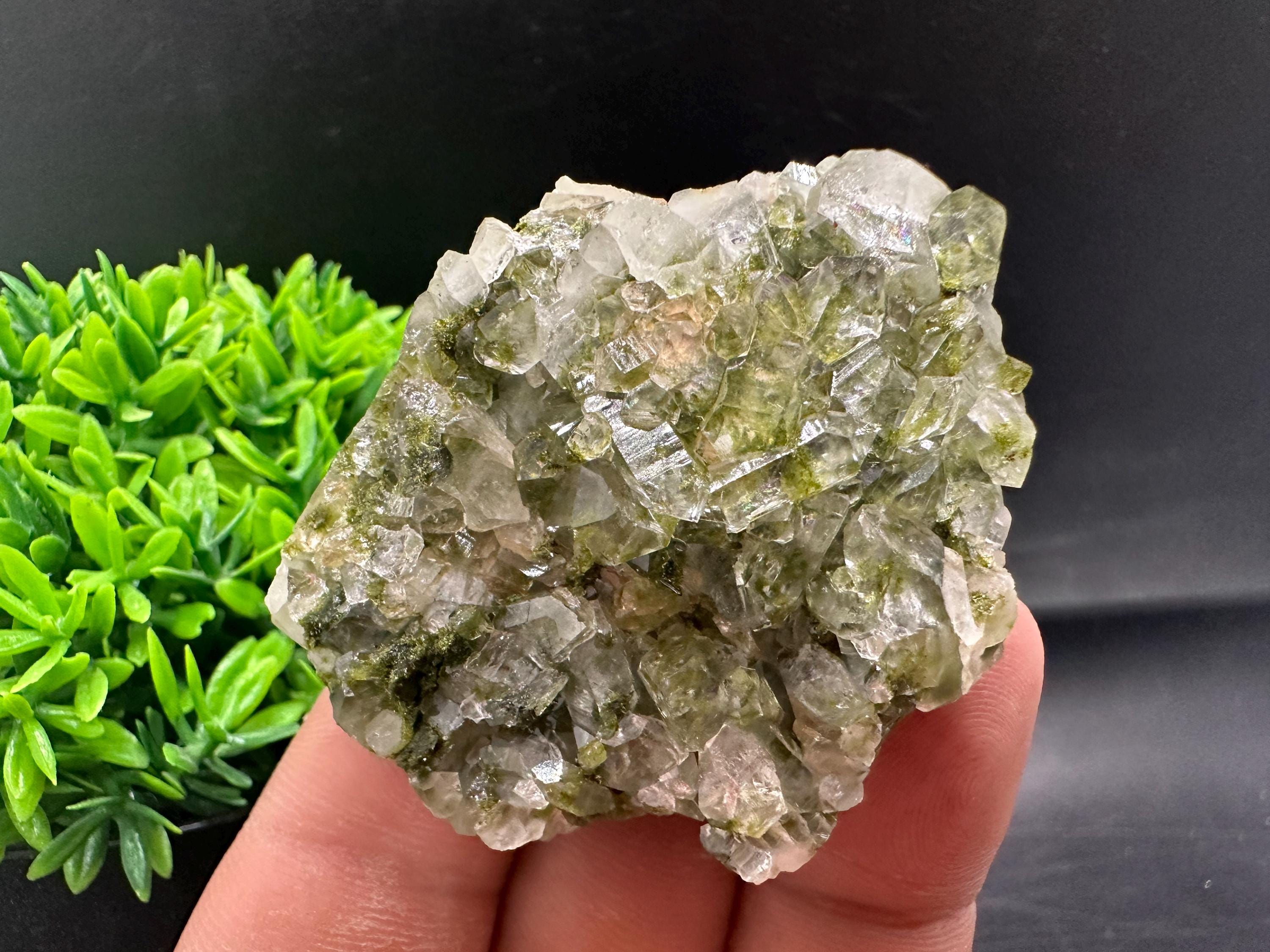Rare Green Epidote with Quartz Crystals: Sparkly Rainbow Mineral Decor