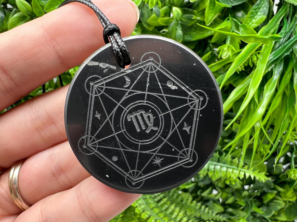 Shungite Virgo Zodiac Pendant Necklace: EMF Protection Healing Stone