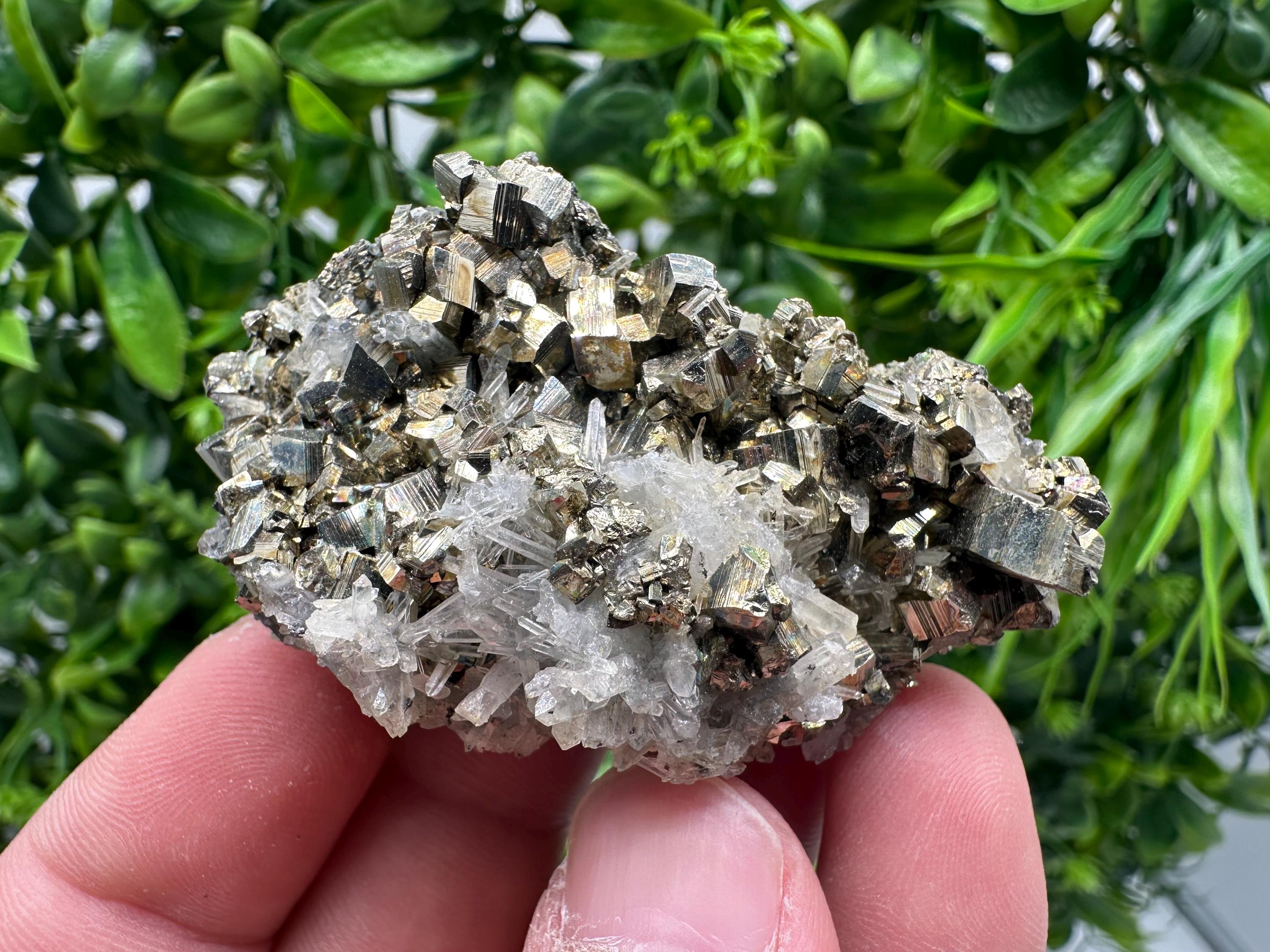 Rainbow Pyrite with Sphalerite on Quartz: Natural Crystal Home Decor