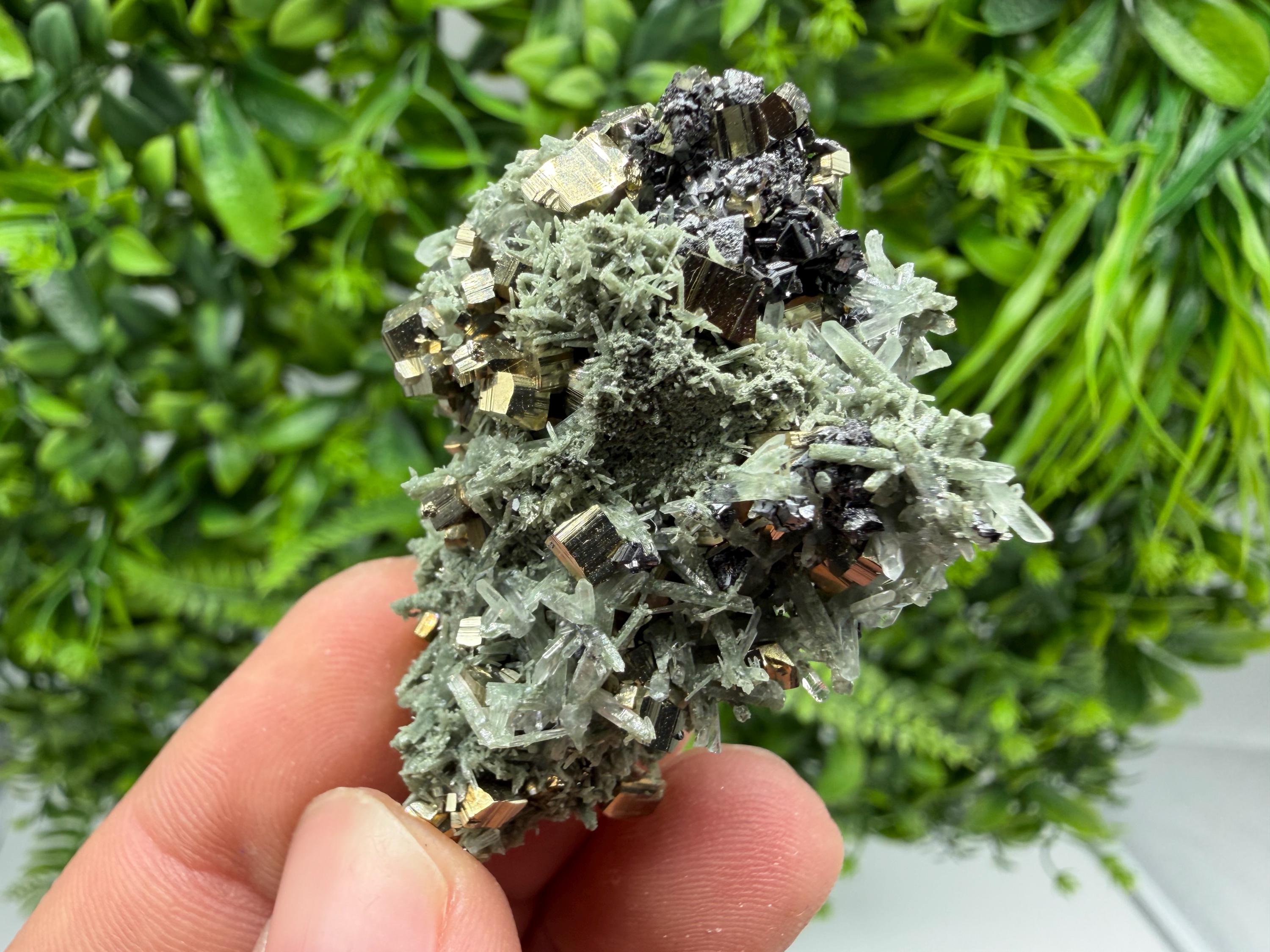 Pyrite on Green Quartz Mineral Specimen, Borieva Mine, Bulgaria
