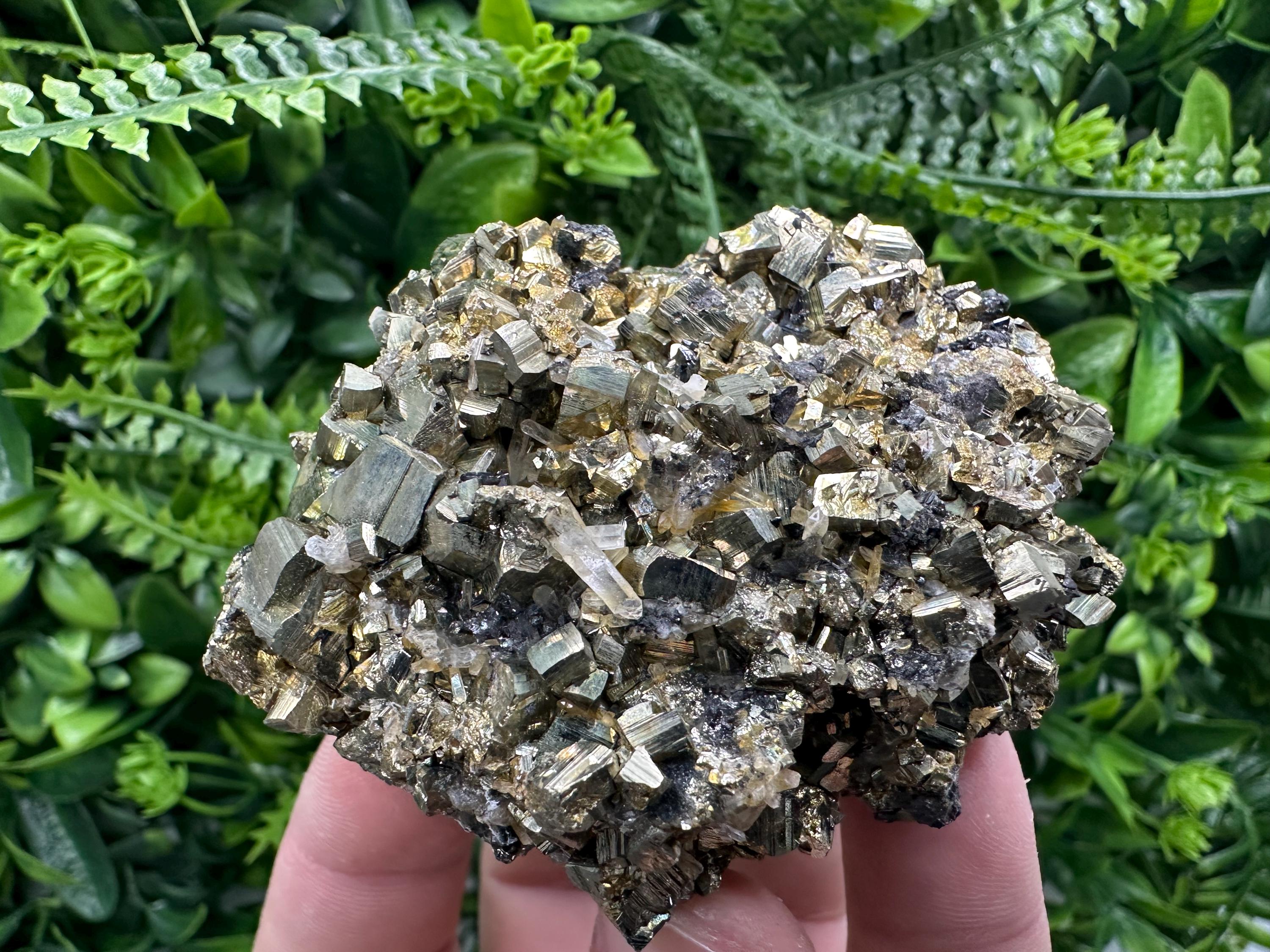 Rainbow Pyrite Cluster on Sphalerite Quartz, Borieva Mine Mineral Specimen