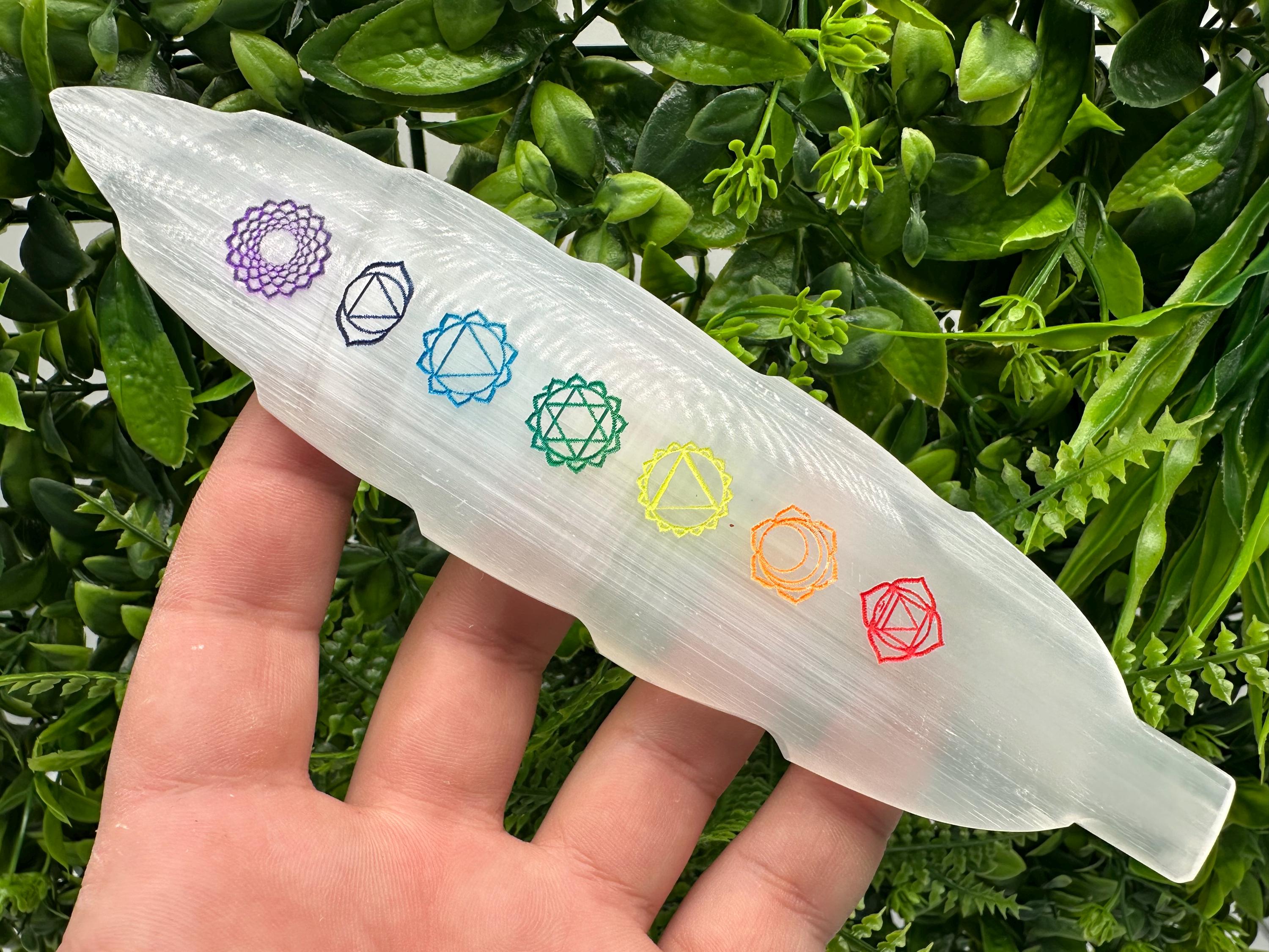 Selenite Chakra Charging Plate: Cleansing Wand Bar, 7 Chakra Ruler