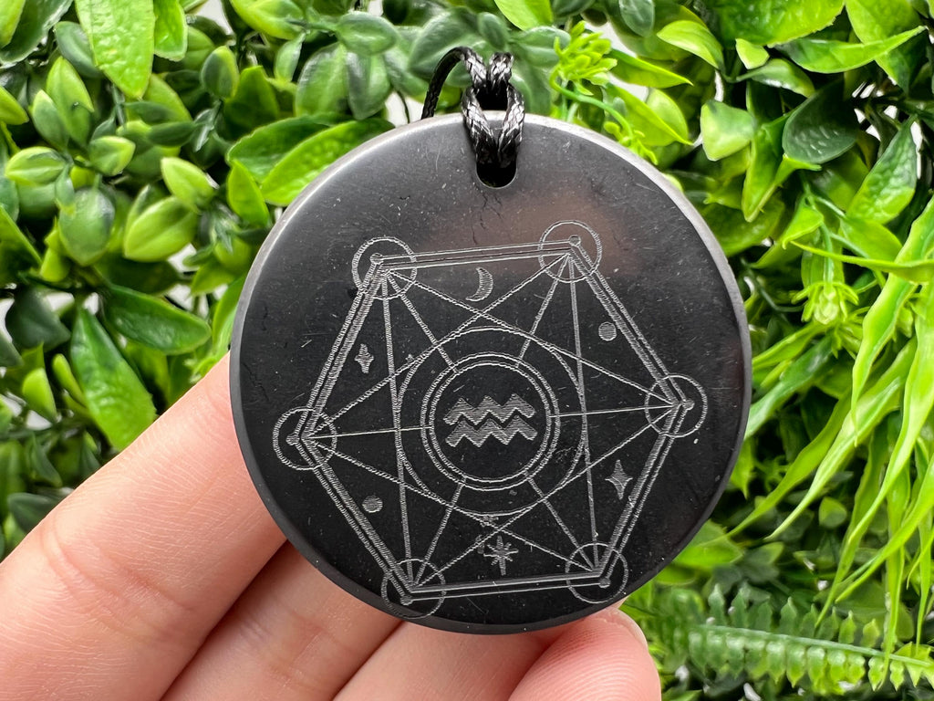 Shungite Aquarius Zodiac Pendant Necklace: EMF Protection Healing Stone