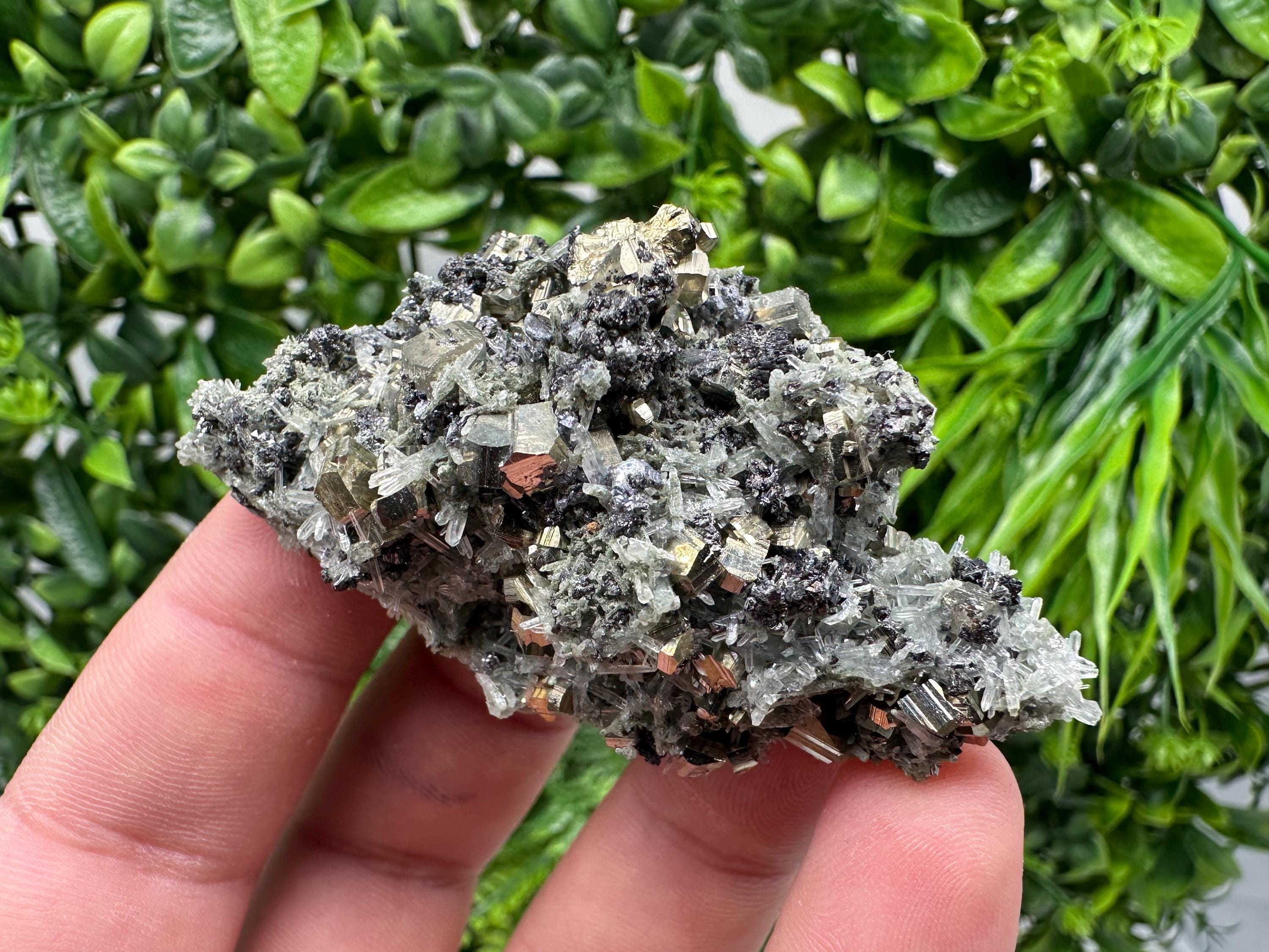 Pyrite on Green Quartz Mineral Specimen, Borieva Mine, Bulgaria