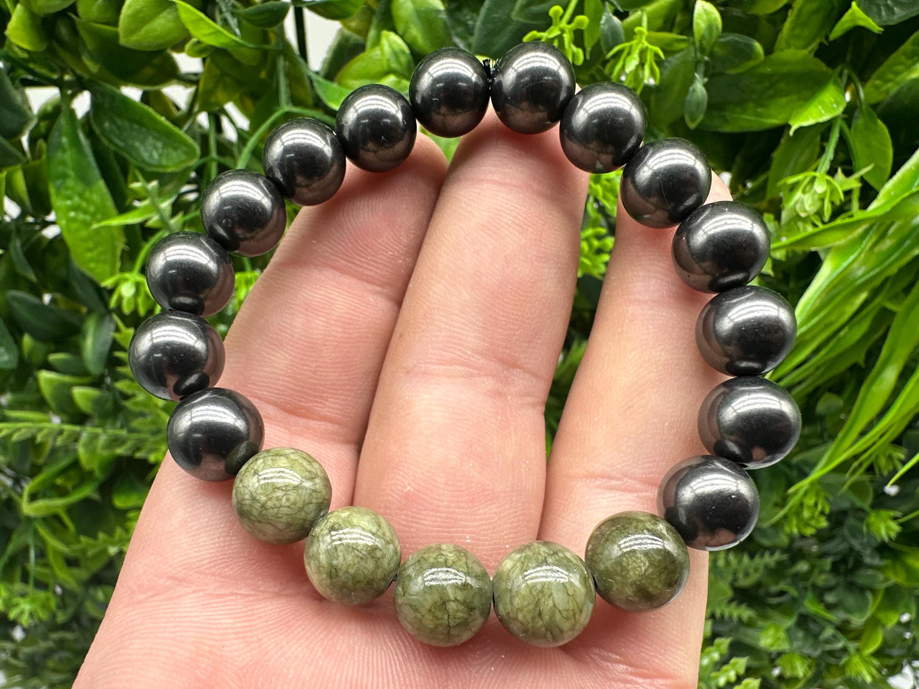 Shungite Jade Bracelet: 10mm Gemstone Beaded Bracelet, EMF Protection