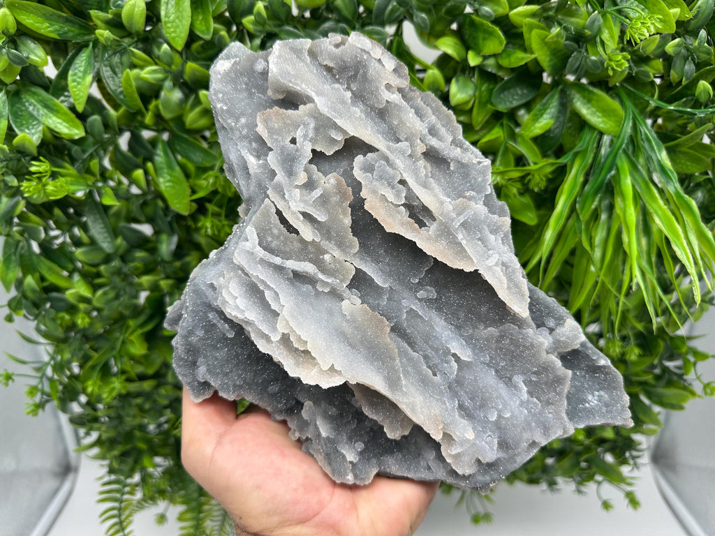 Large Blue Chalcedony Quartz Cluster: Chlorite Inclusions, Home Decor Stone