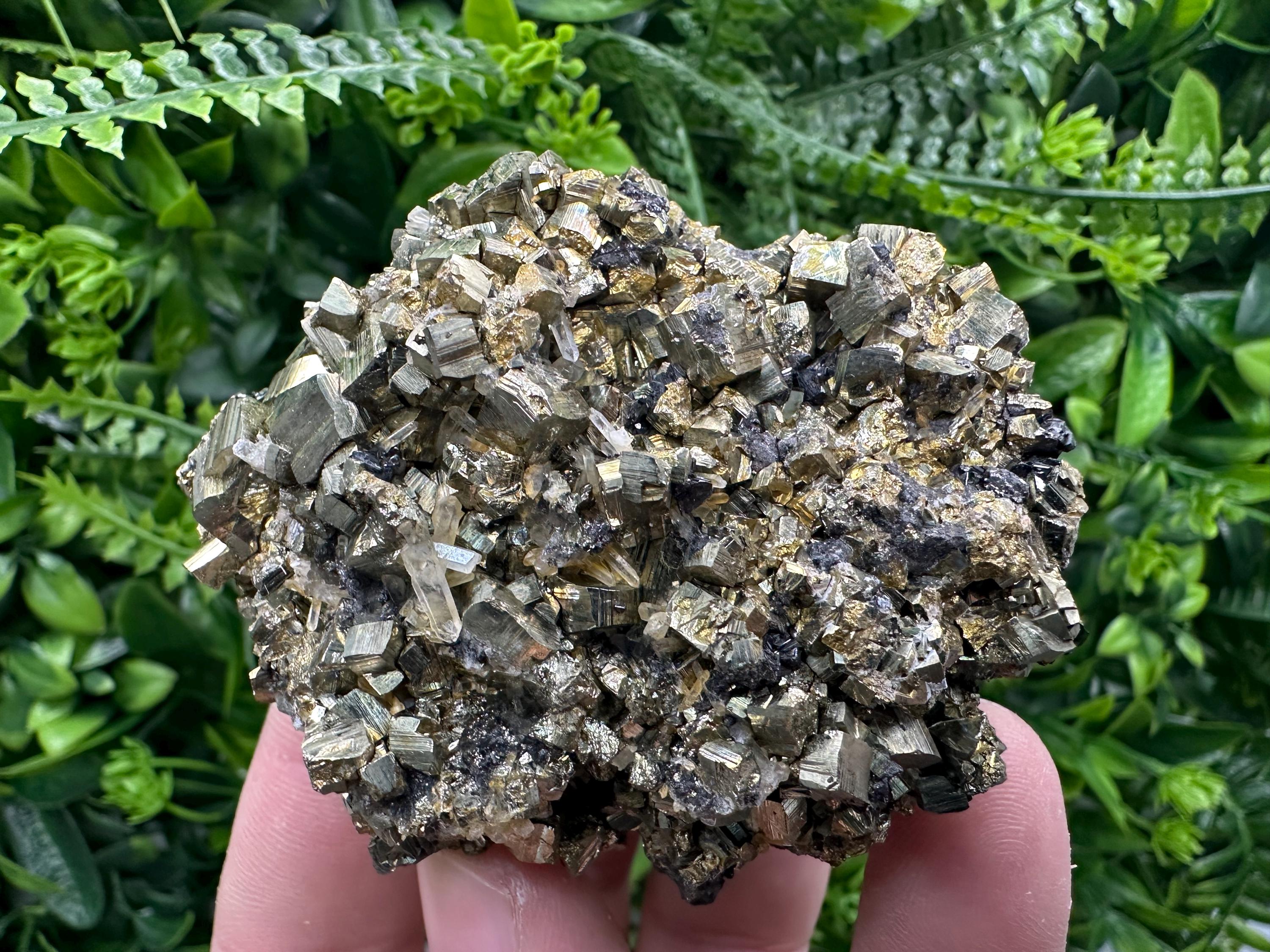 Rainbow Pyrite Cluster on Sphalerite Quartz, Borieva Mine Mineral Specimen
