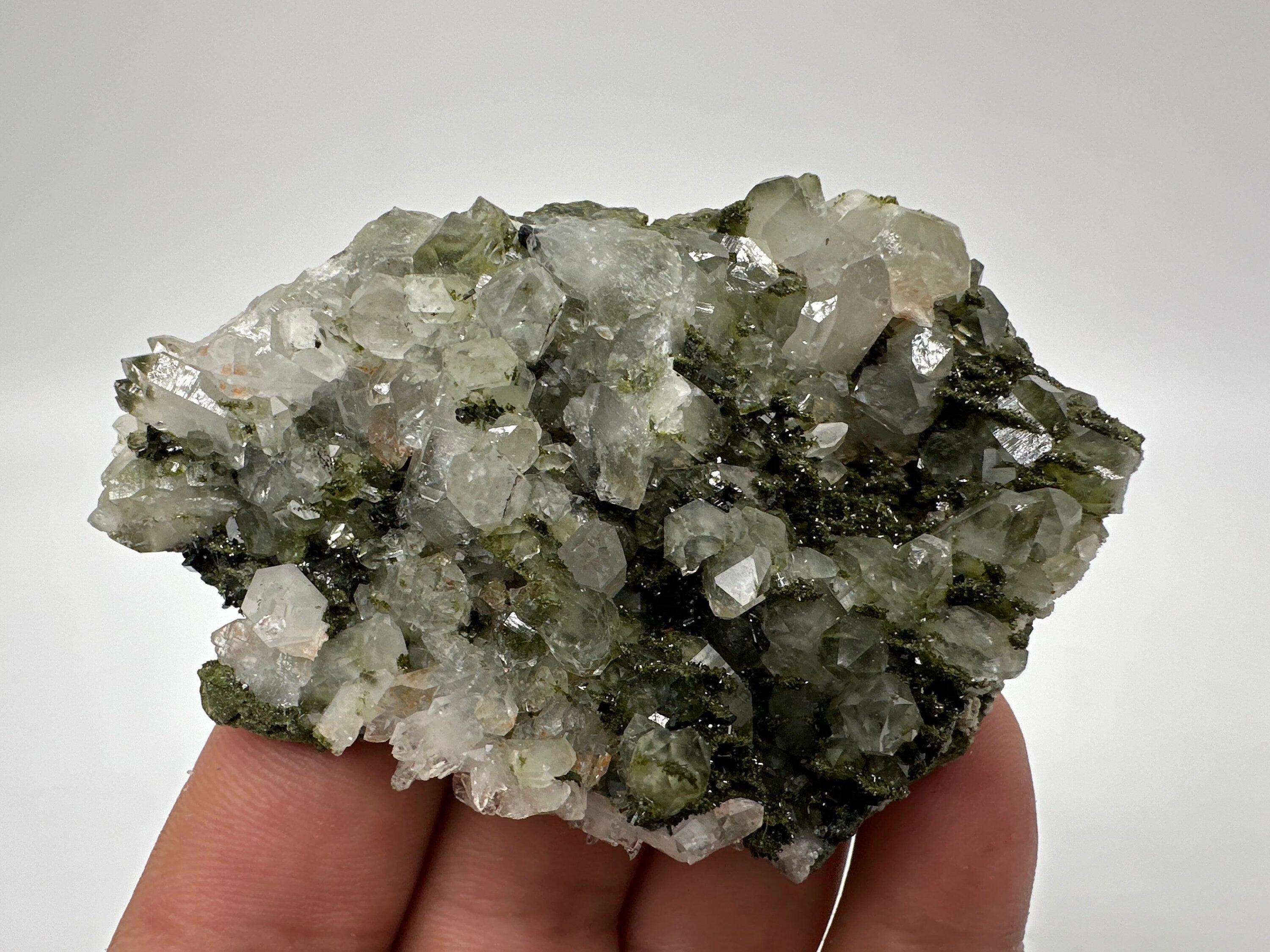 Rare Green Epidote with Quartz Crystals, Rainbow Sparkle, Turkey Mineral Specimen