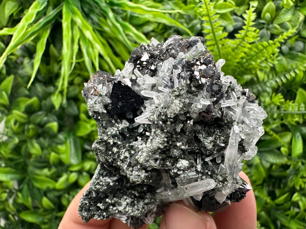 Black Sphalerite with Quartz Cluster, Natural Mineral Specimen
