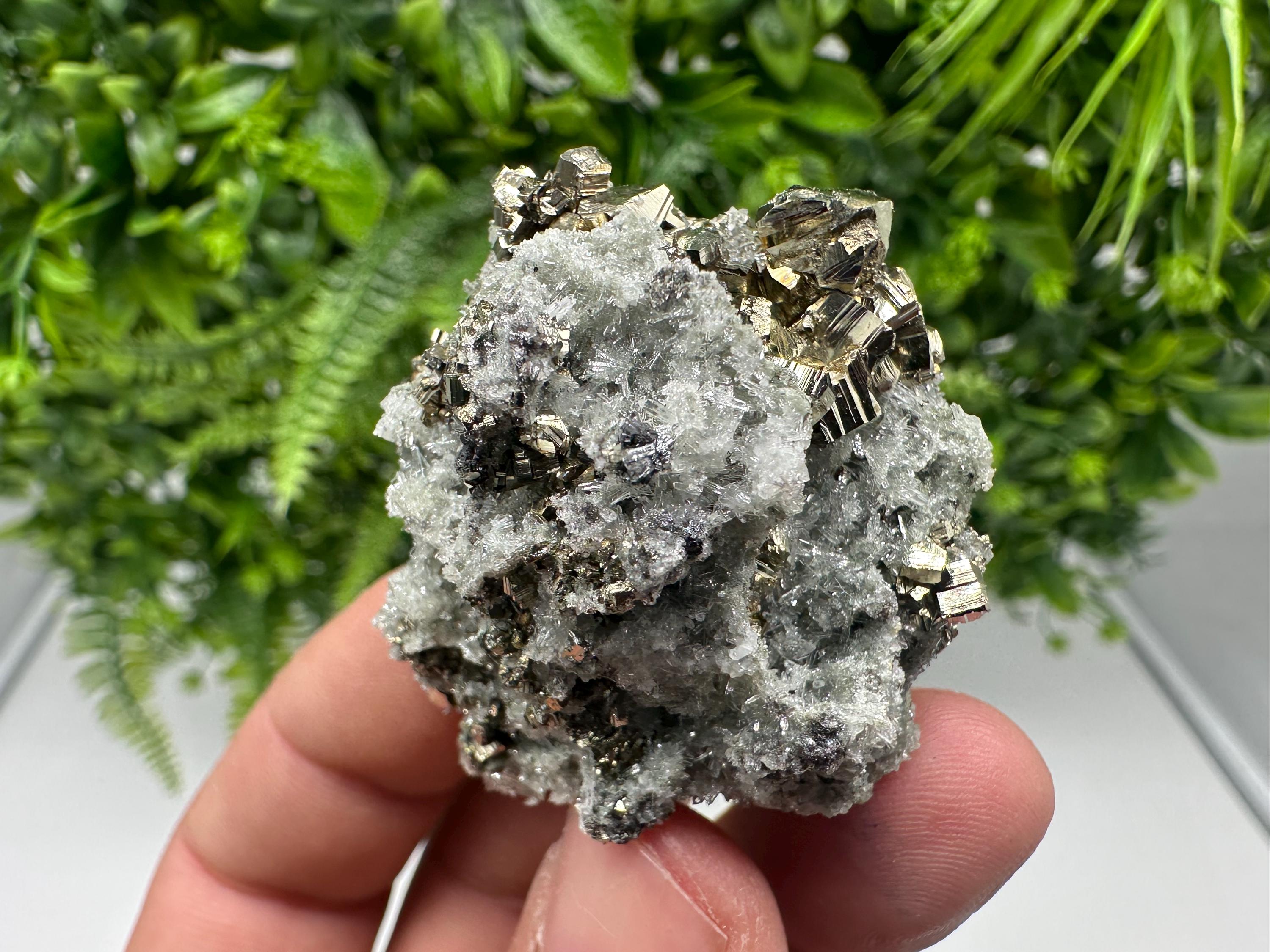 Pyrite on Green Quartz Mineral Specimen, Borieva Mine Bulgaria