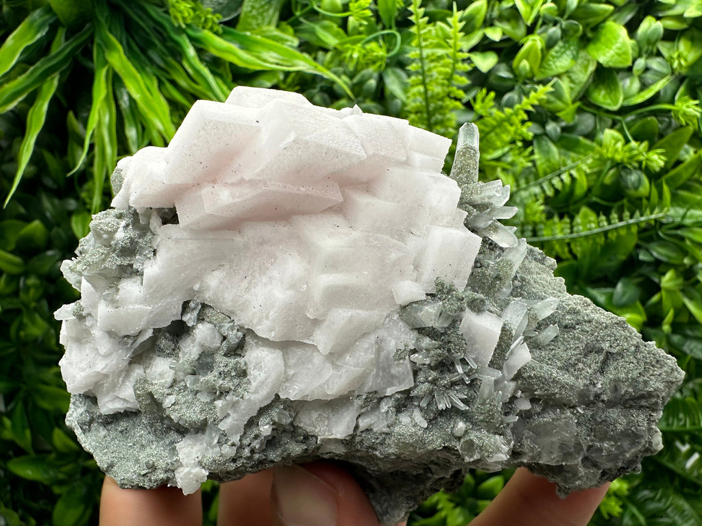 Mangano Calcite on Quartz with Chlorite, Borieva Mine Mineral Specimen