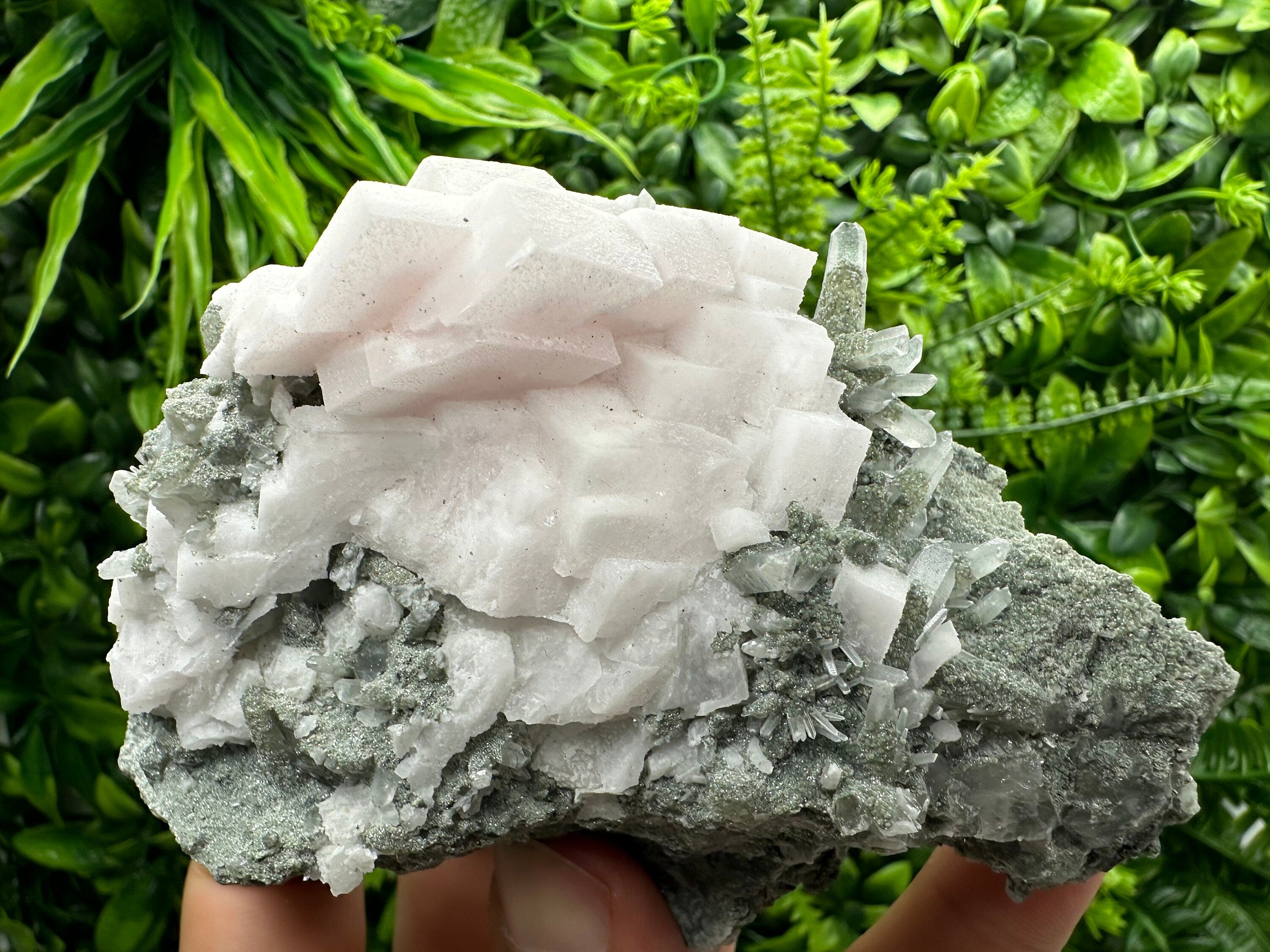 Mangano Calcite on Quartz with Chlorite, Borieva Mine Mineral Specimen