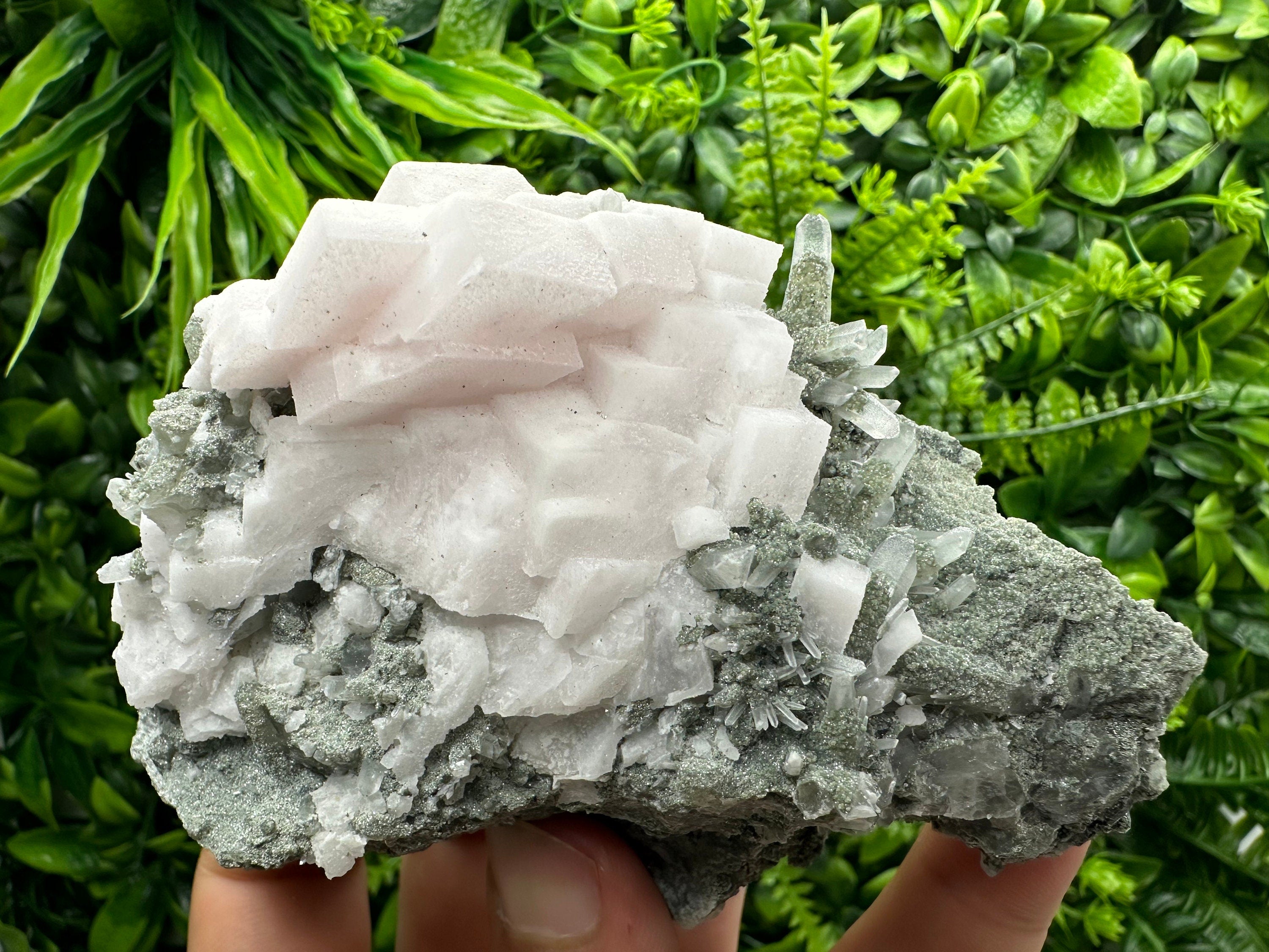 Mangano Calcite on Quartz with Chlorite, Borieva Mine Mineral Specimen