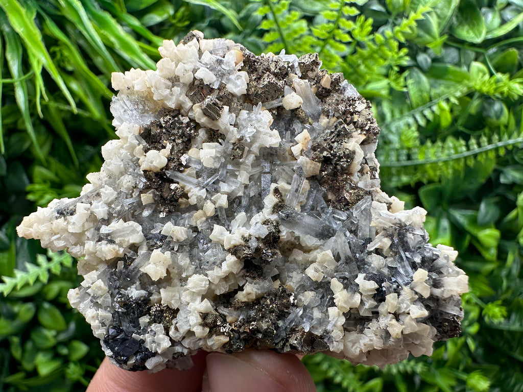 Pyrite, Calcite, Sphalerite on Quartz, Borieva Mine, Bulgaria