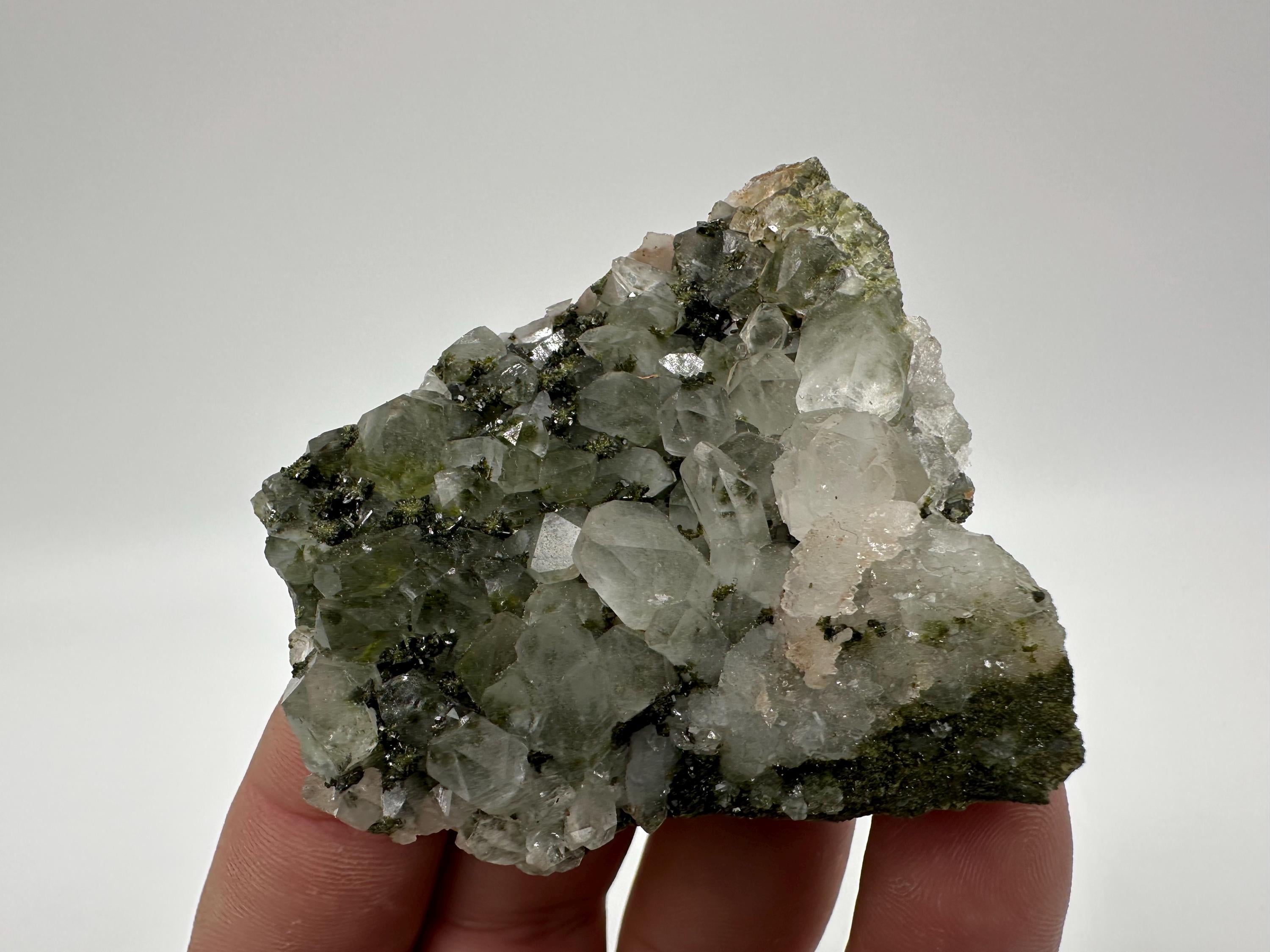 Rare Green Epidote with Quartz Crystals: Sparkly Rainbow Mineral Decor